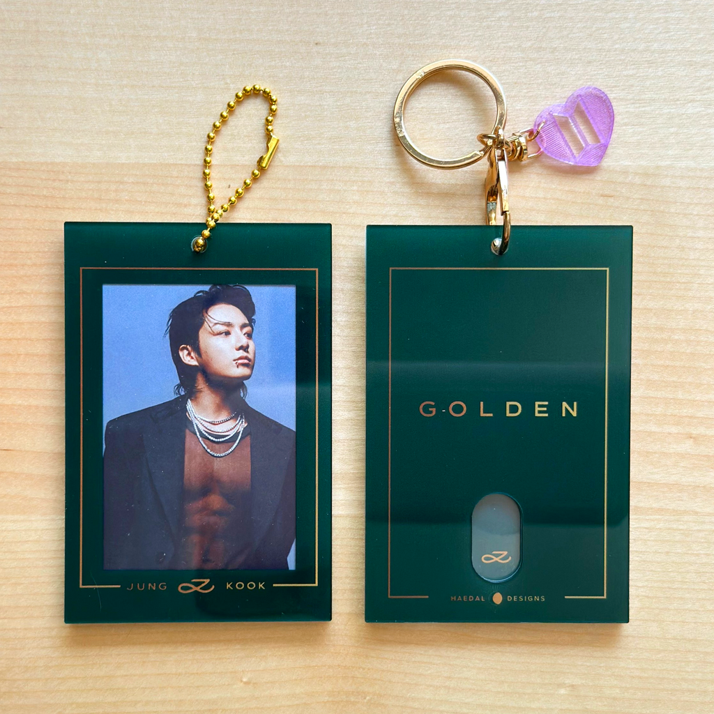 Jungkook Golden acrylic photocard holder keychain with gold ball chain clasp and cute decorative charm — view 7