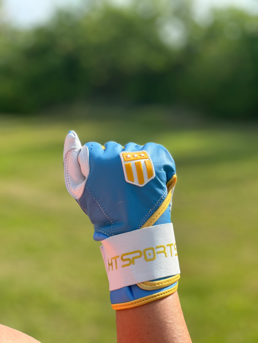 Boston City light blue and white long cuff batting glove made of premium leather — view 7