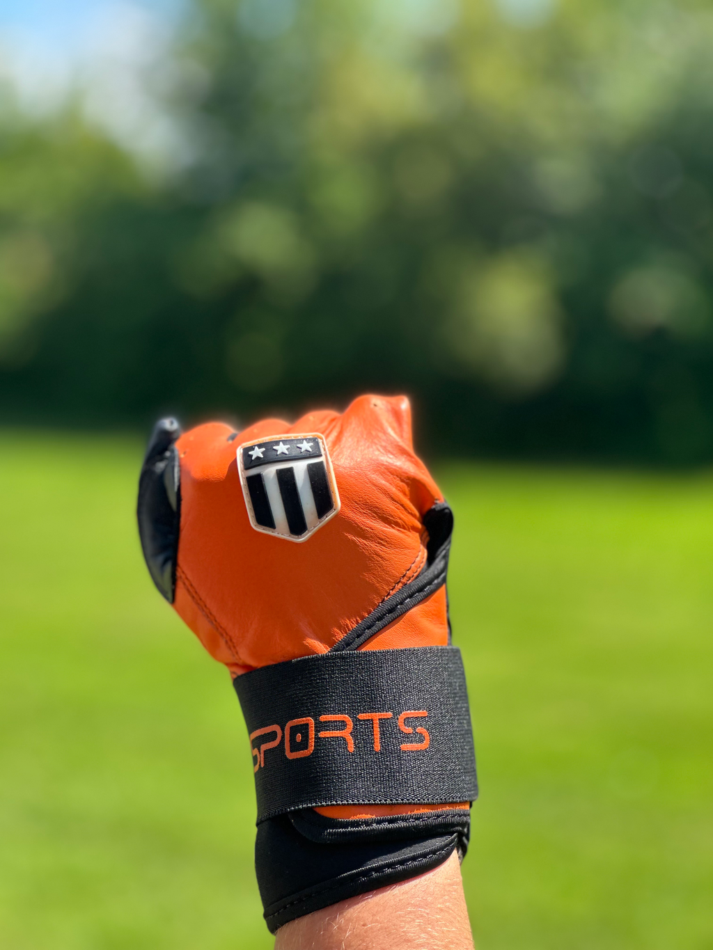Long cuff batting glove in orange and black full leather for superior wrist support — view 3