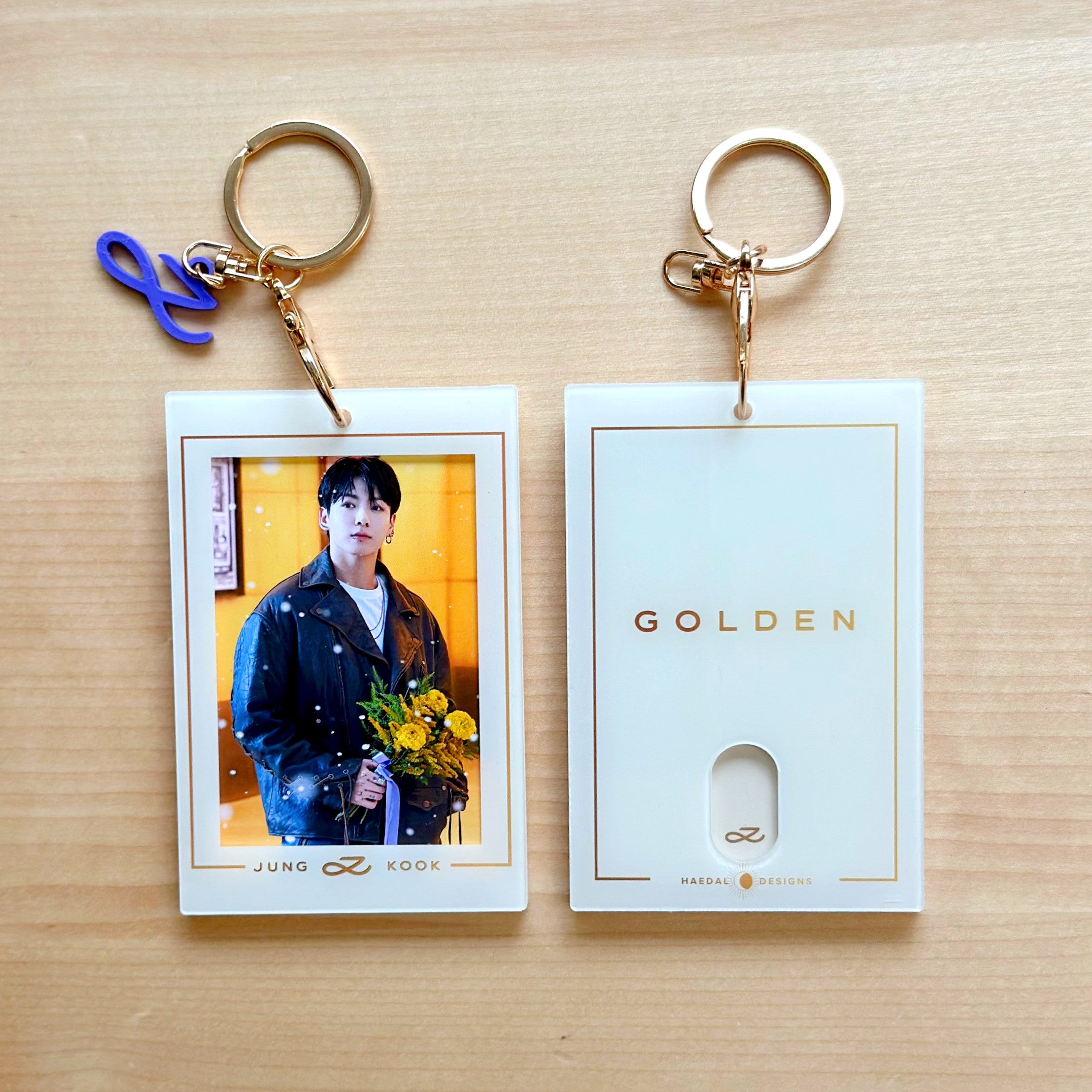 Jungkook Golden acrylic photocard holder keychain with gold ball chain clasp and cute decorative charm — view 6