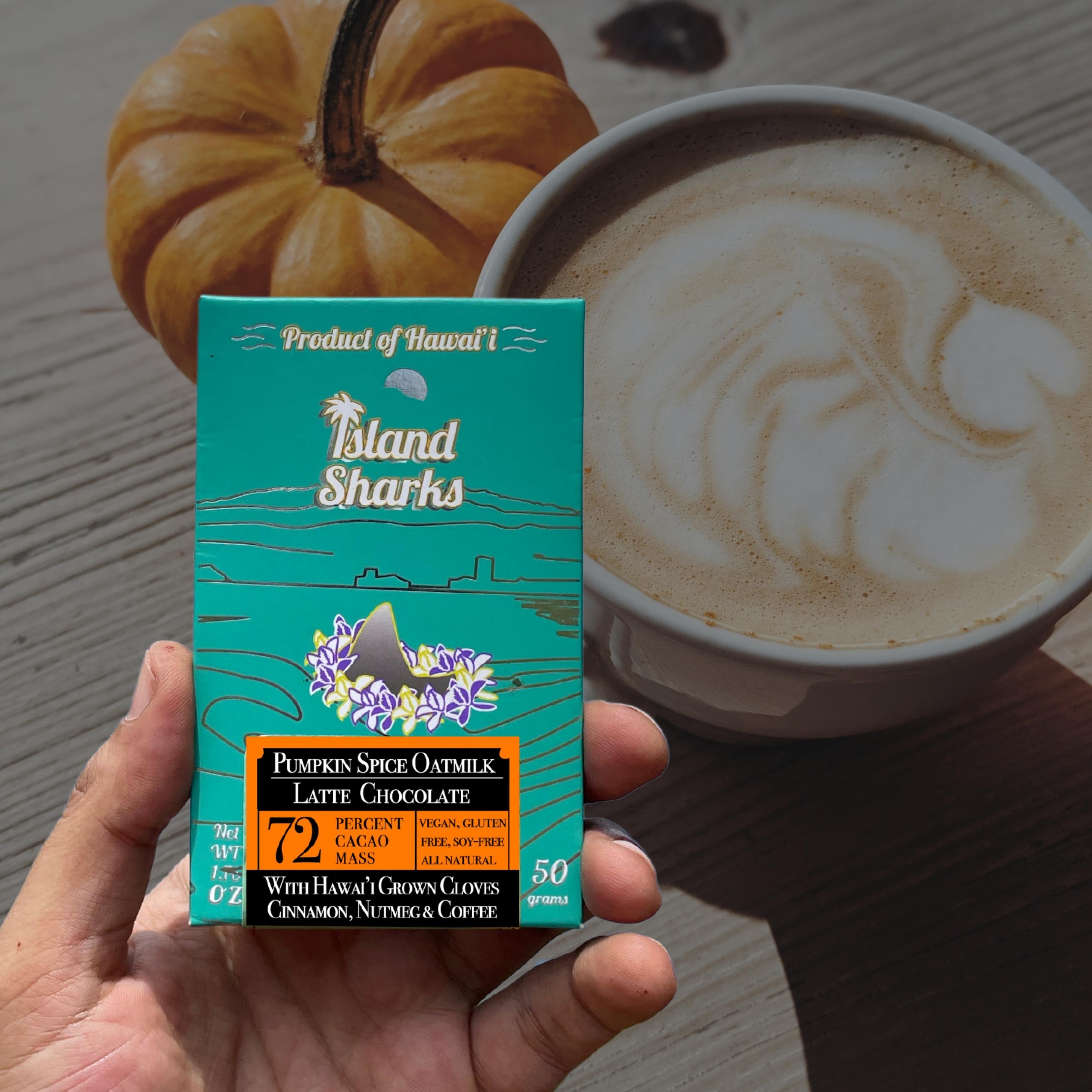 Hawaii pumpkin spice oatmilk latte chocolate bar with local coffee and autumnal spices in wrapper