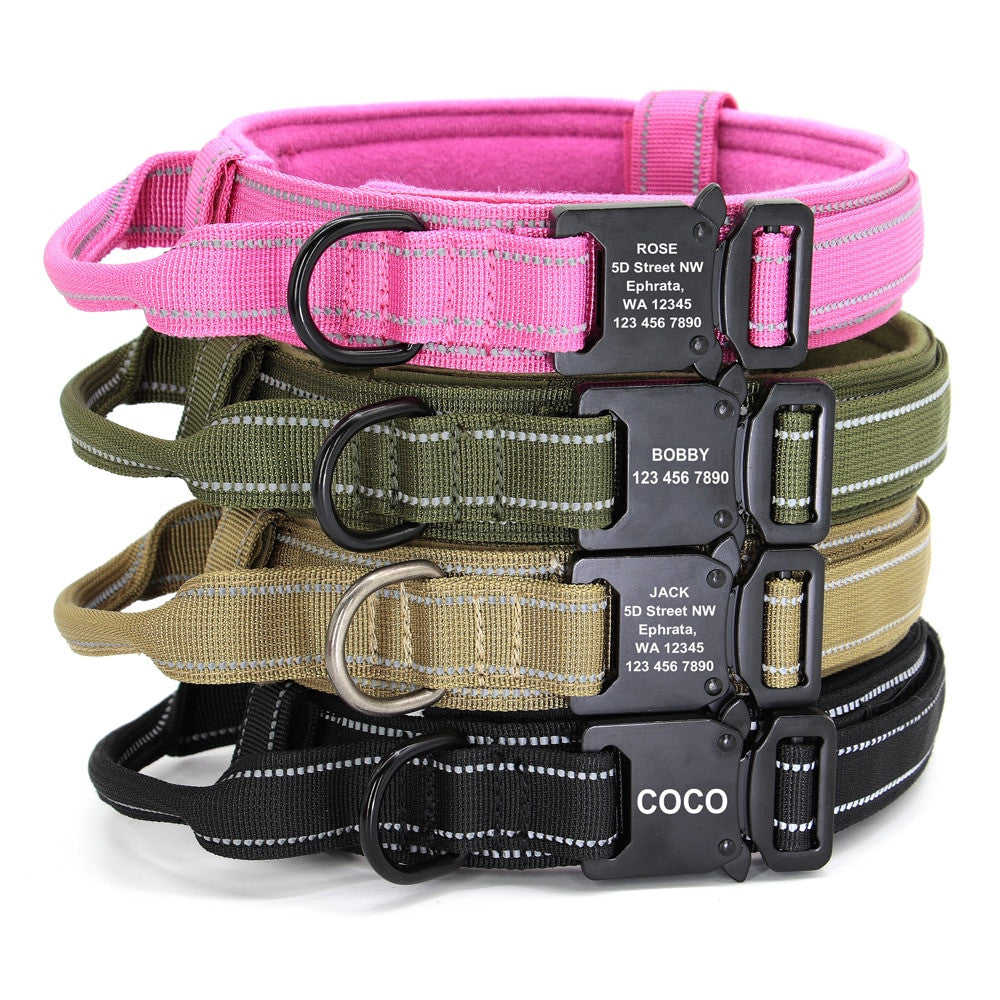Personalized military tactical dog collar made of durable padded nylon with a quick control handle — view 3