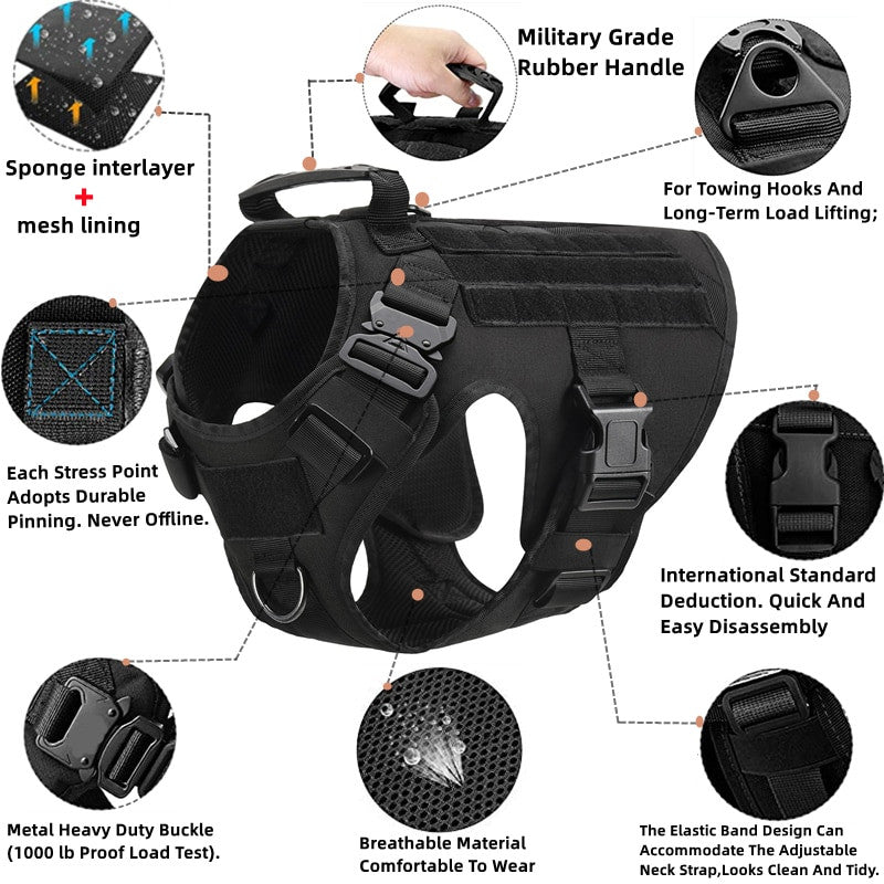 Military tactical dog harness in heavy-duty nylon featuring adjustable straps and a padded vest design — view 3