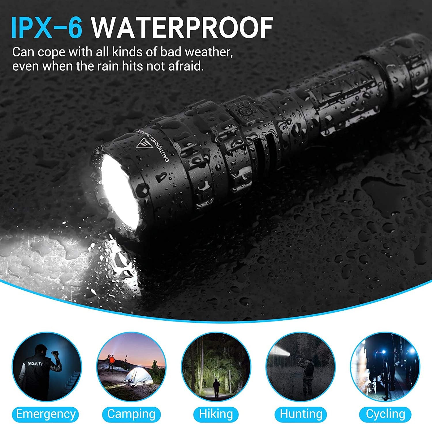 Black 1600 lumen tactical LED flashlight with waterproof casing for outdoor airsoft and survival — view 5