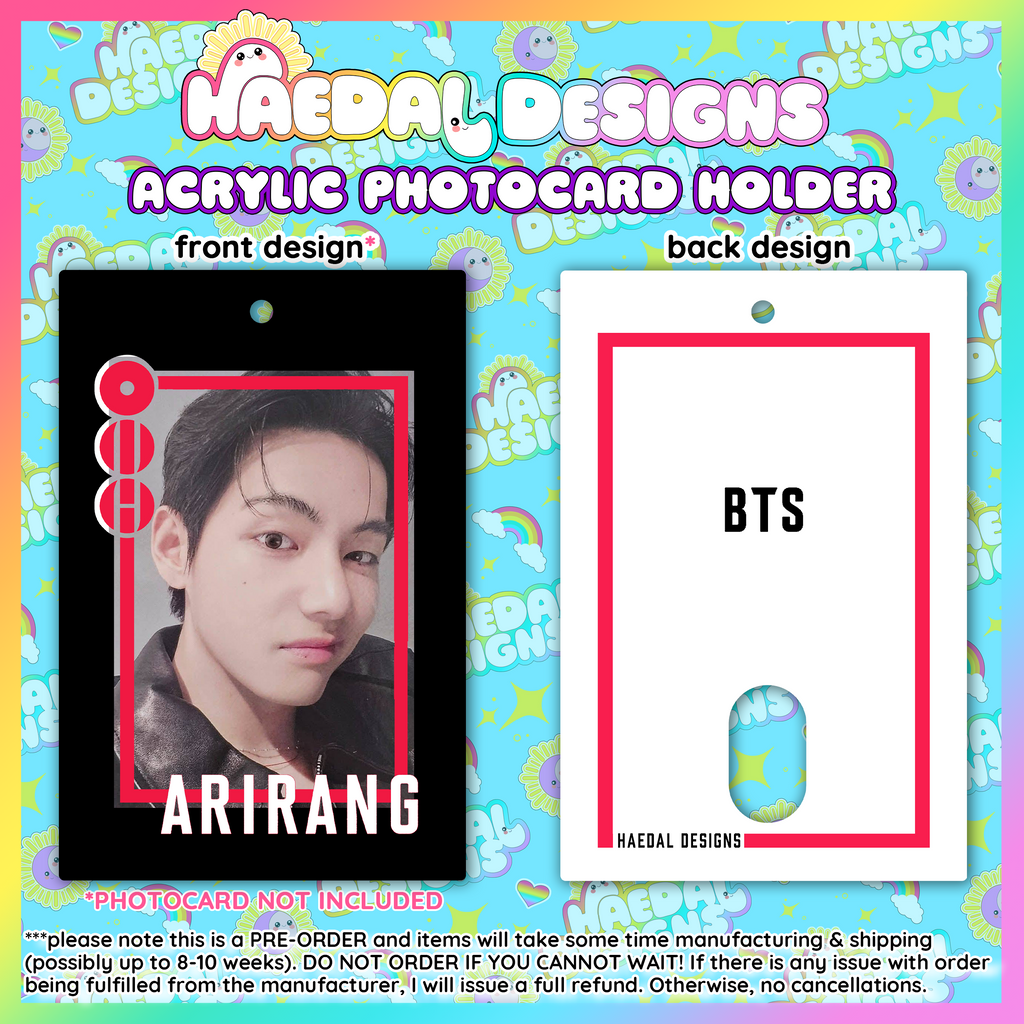 BTS Arirang acrylic photocard holder keychain with bold red frame and minimalist display layout. — view 12