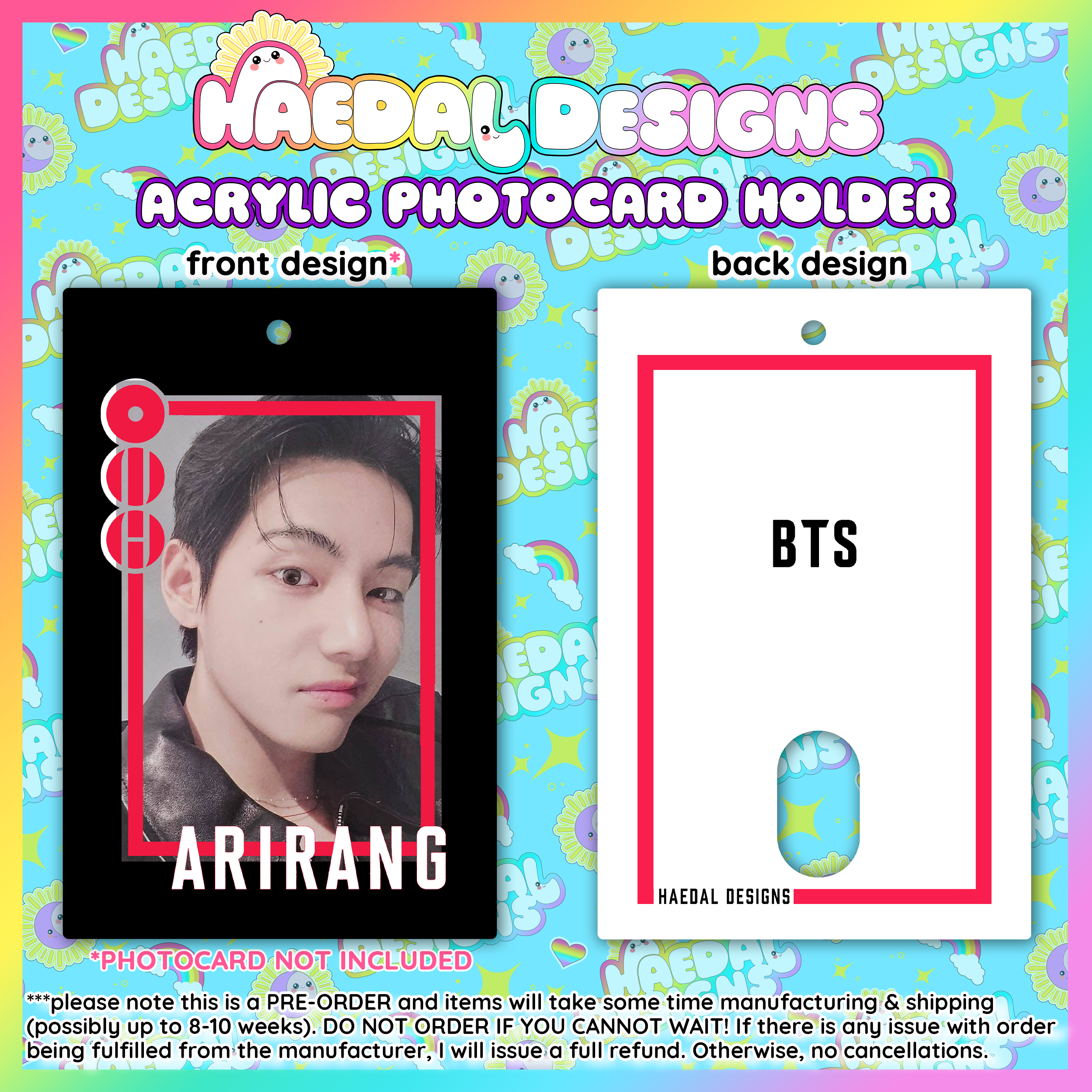 BTS Arirang acrylic photocard holder keychain with bold red frame and minimalist display layout. — view 12