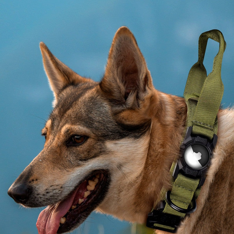 Tactical AirTag dog collar in solid color nylon with quick release buckle and tracker holder — view 6