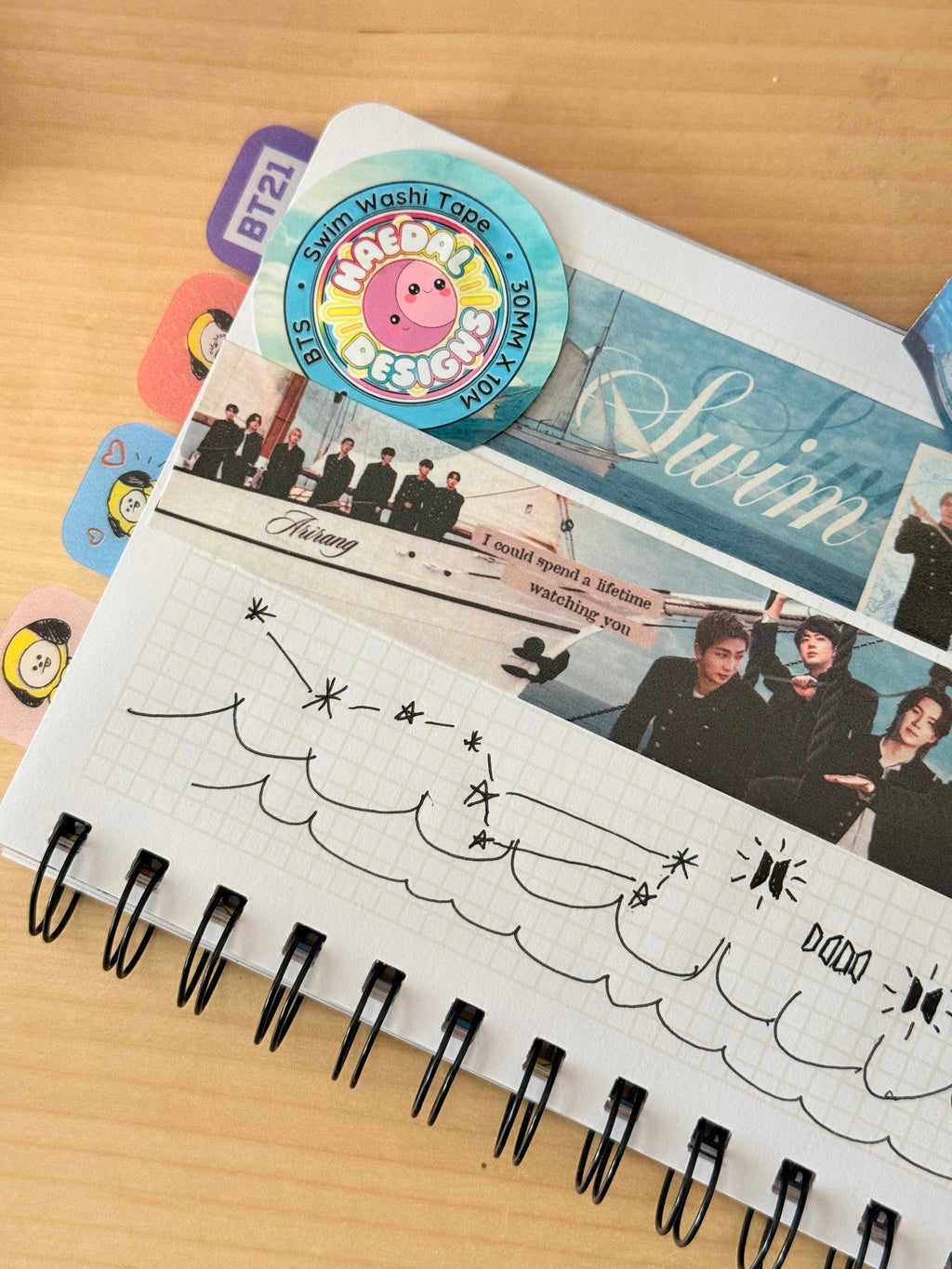Roll of ocean inspired BTS SWIM washi tape for journaling and photocard decorating, 30mm wide — view 5