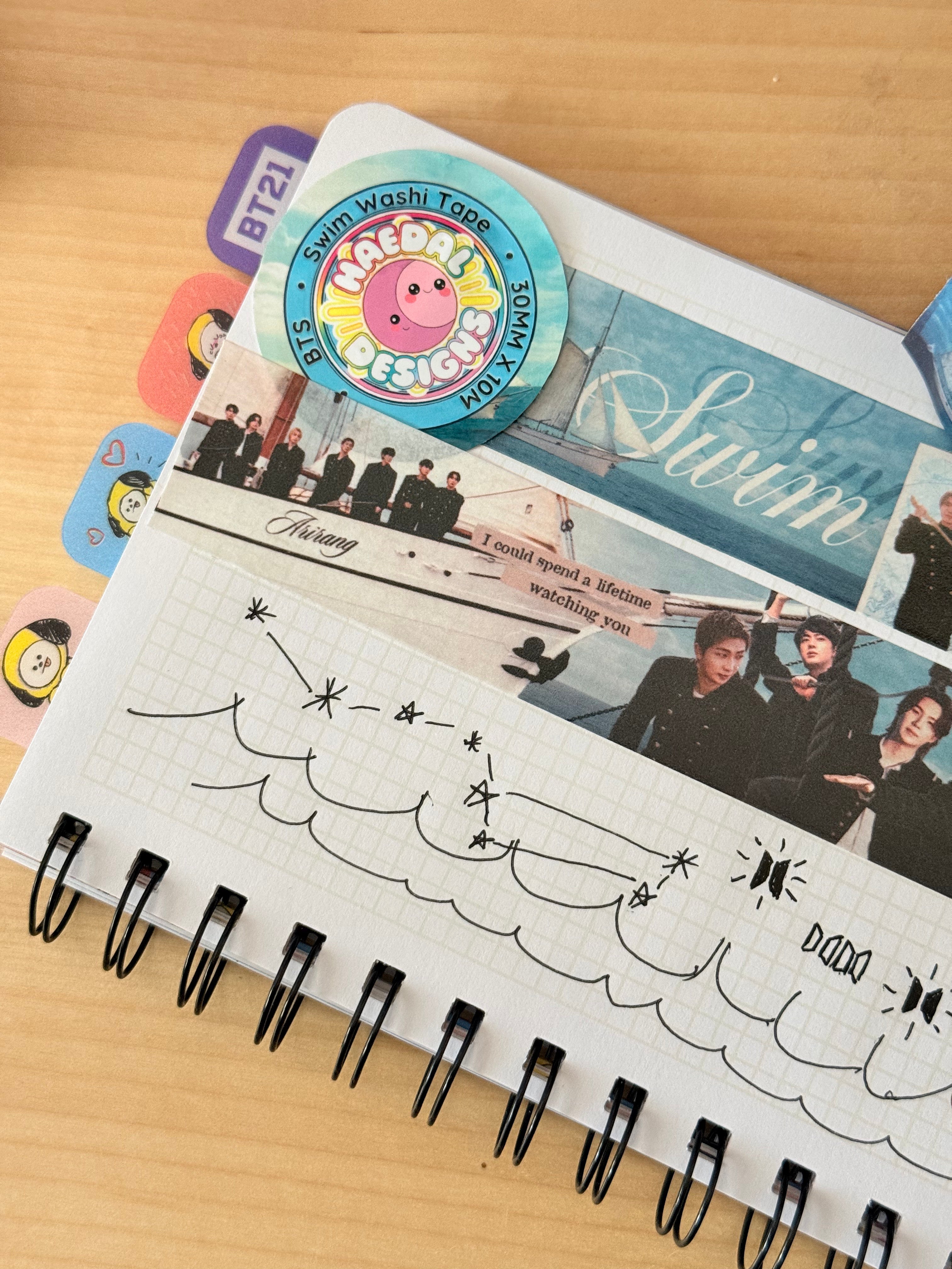 Roll of ocean inspired BTS SWIM washi tape for journaling and photocard decorating, 30mm wide — view 5