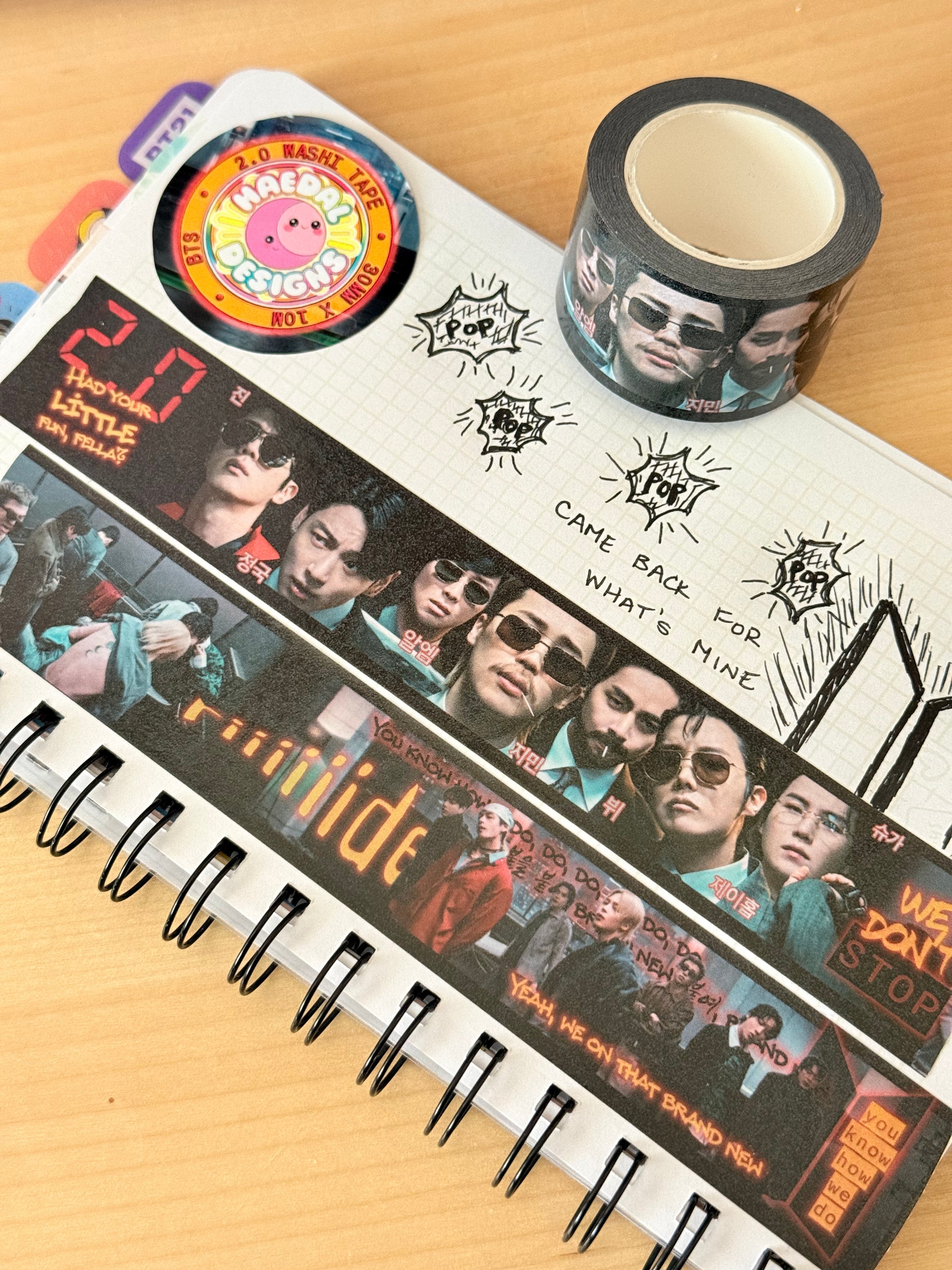 BTS 2.0 Washi Tape roll featuring a wide 30mm dark cinematic design for K-pop journaling