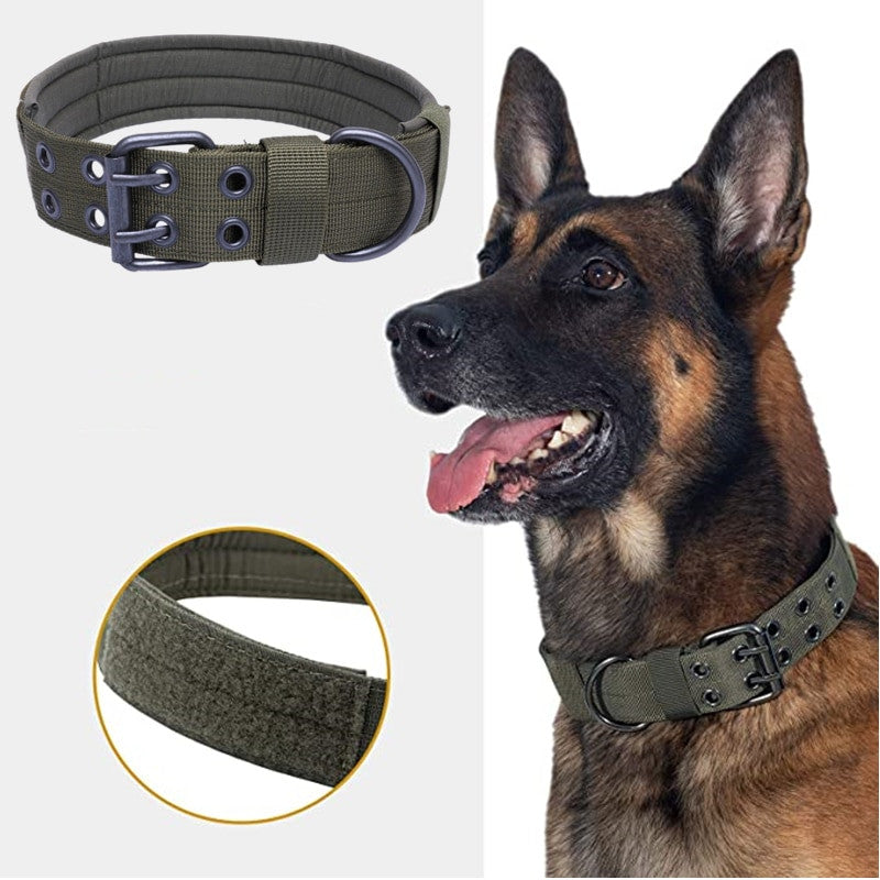 Durable tactical dog collar and leash set in heavy duty nylon with secure metal double buckle