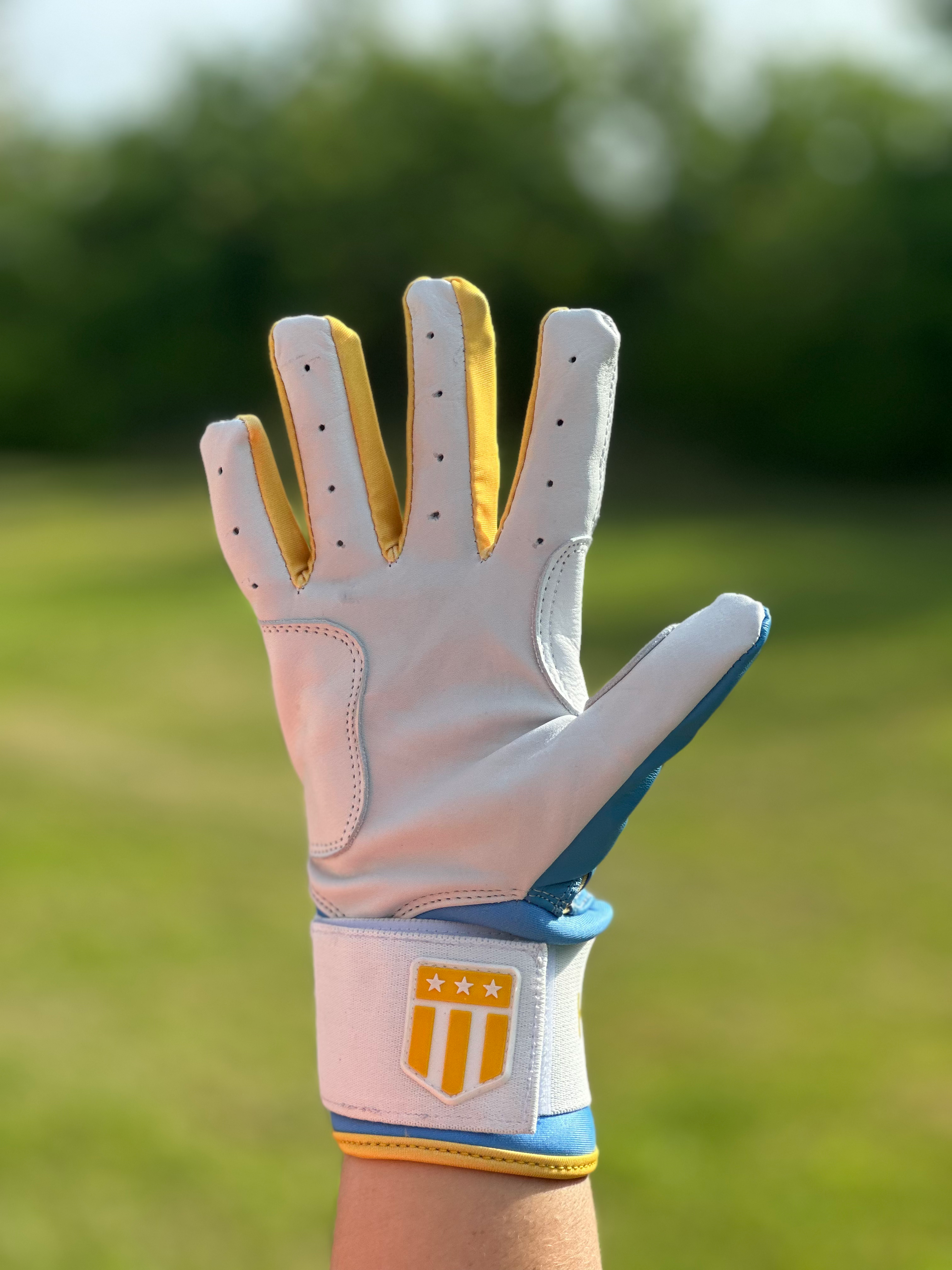Boston city long cuff batting glove in light blue and white premium leather for baseball players — view 9