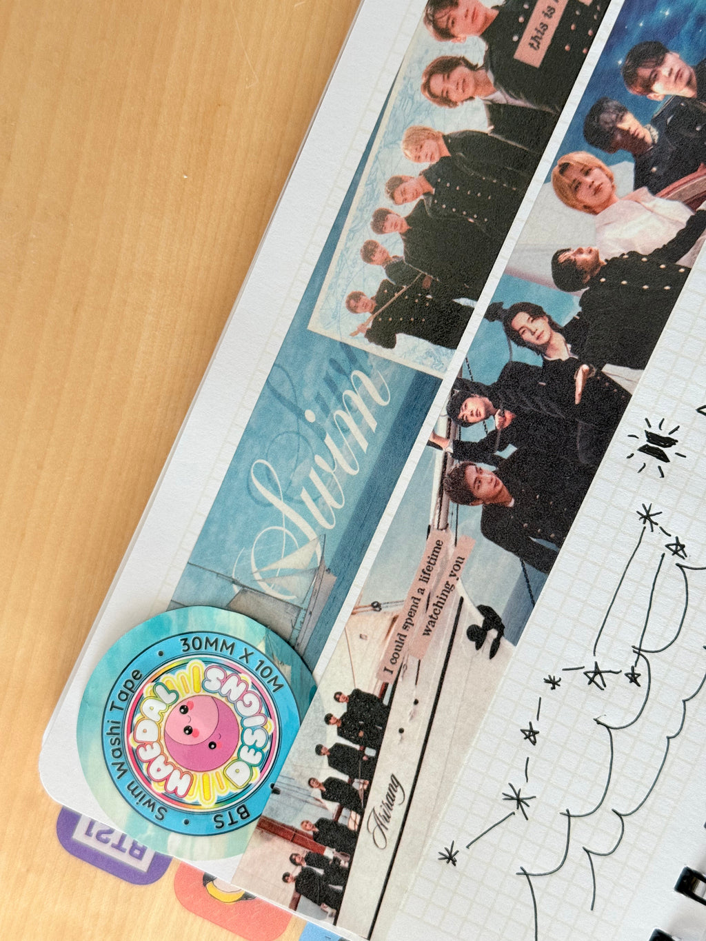 Roll of ocean inspired BTS SWIM washi tape for journaling and photocard decorating, 30mm wide — view 3