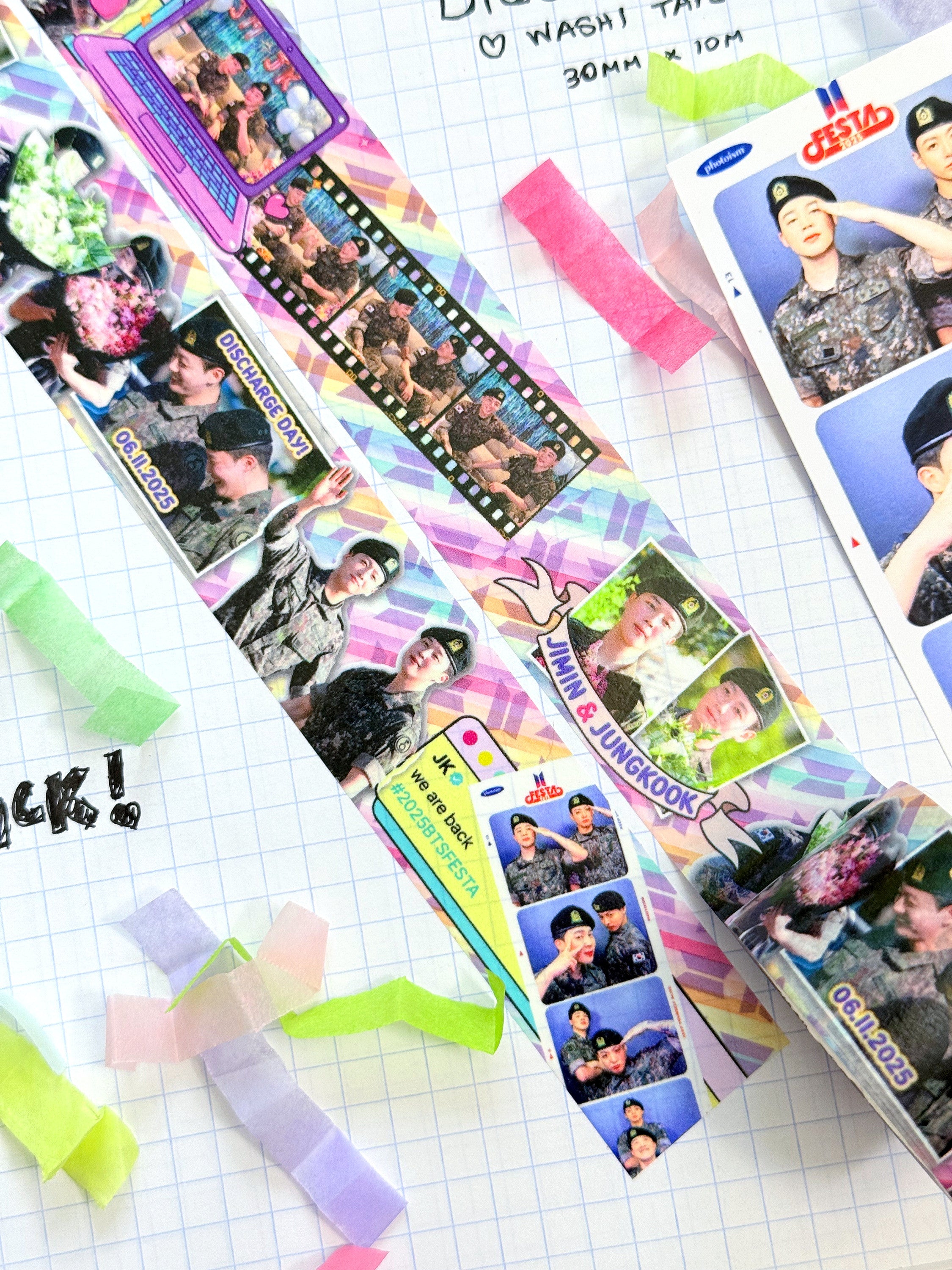 Jimin and Jungkook discharge day washi tape roll featuring printed snapshot designs for scrapbooking — view 2