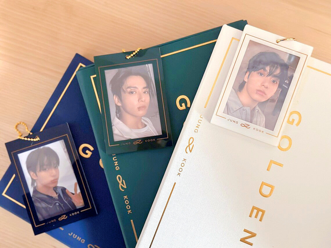 Jungkook Golden acrylic photocard holder keychain with gold ball chain clasp and cute decorative charm — view 9