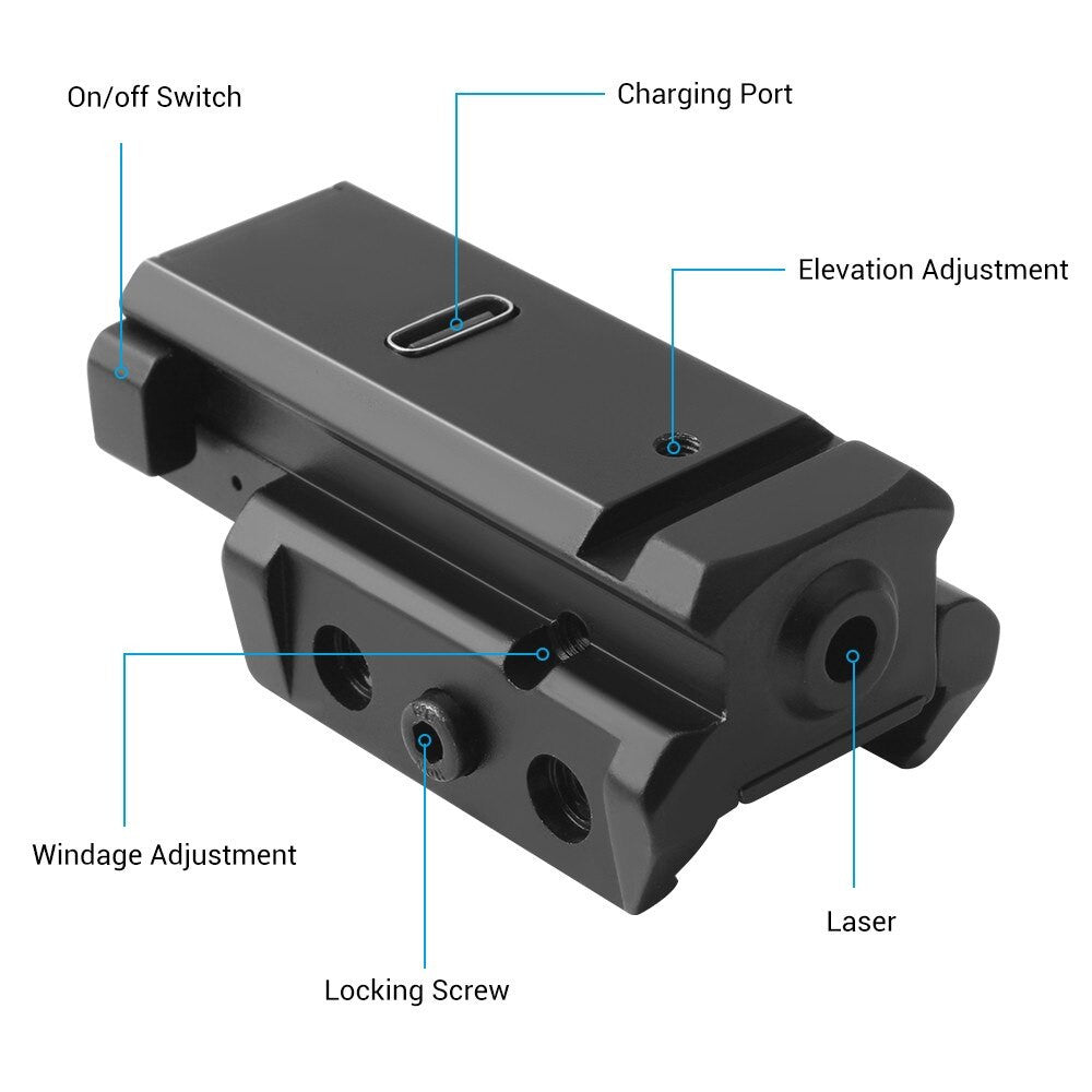 Tactical USB rechargeable airsoft pistol laser sight in black emitting a bright targeting beam — view 2