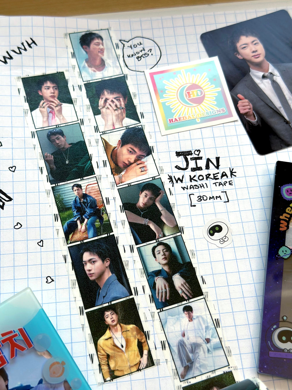 BTS Jin W Korea washi tape roll featuring black and white magazine photos for journaling — view 4
