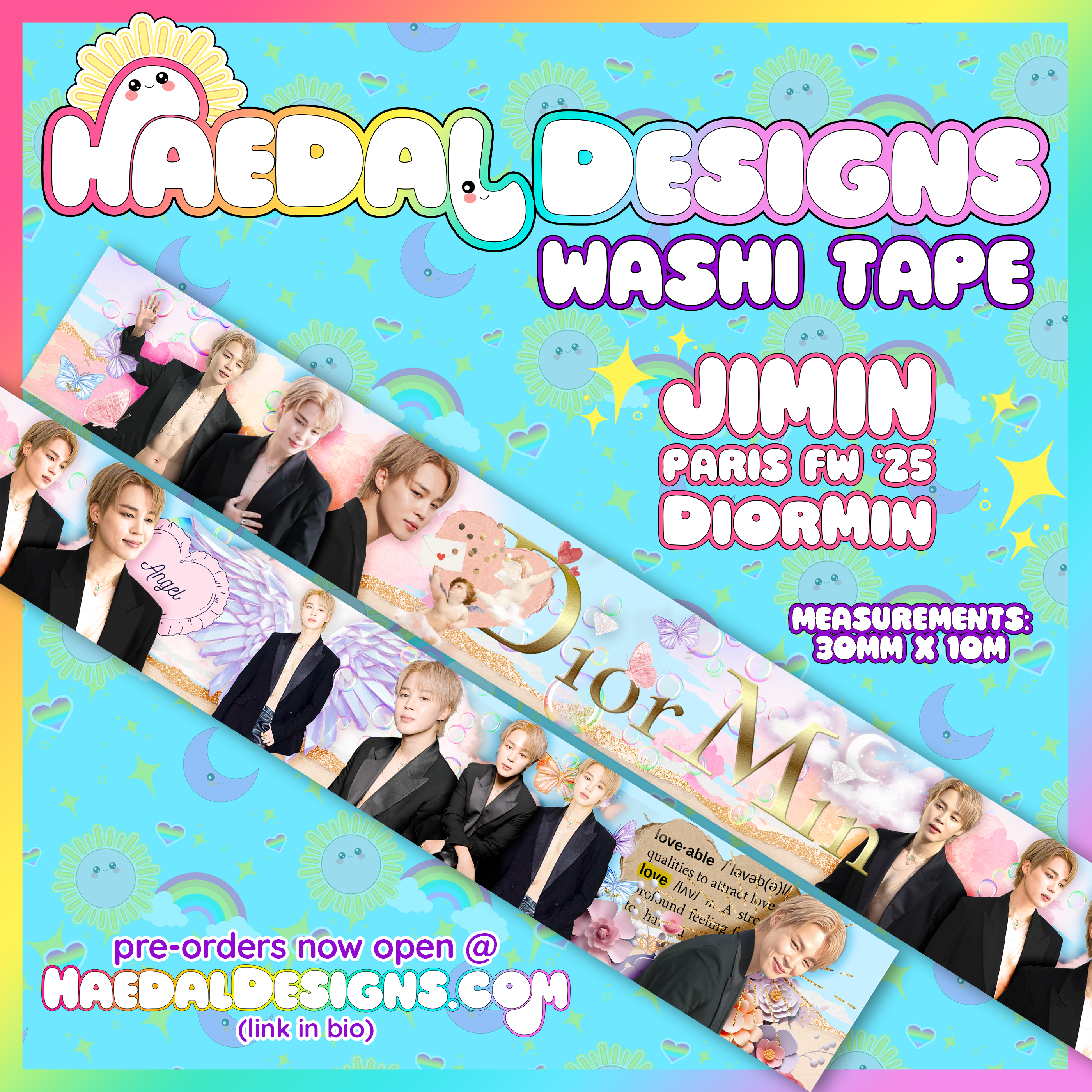 Wide DiorMin 30mm washi tape with pastel clouds, butterflies, and gold foil lettering for aesthetic journaling — view 6