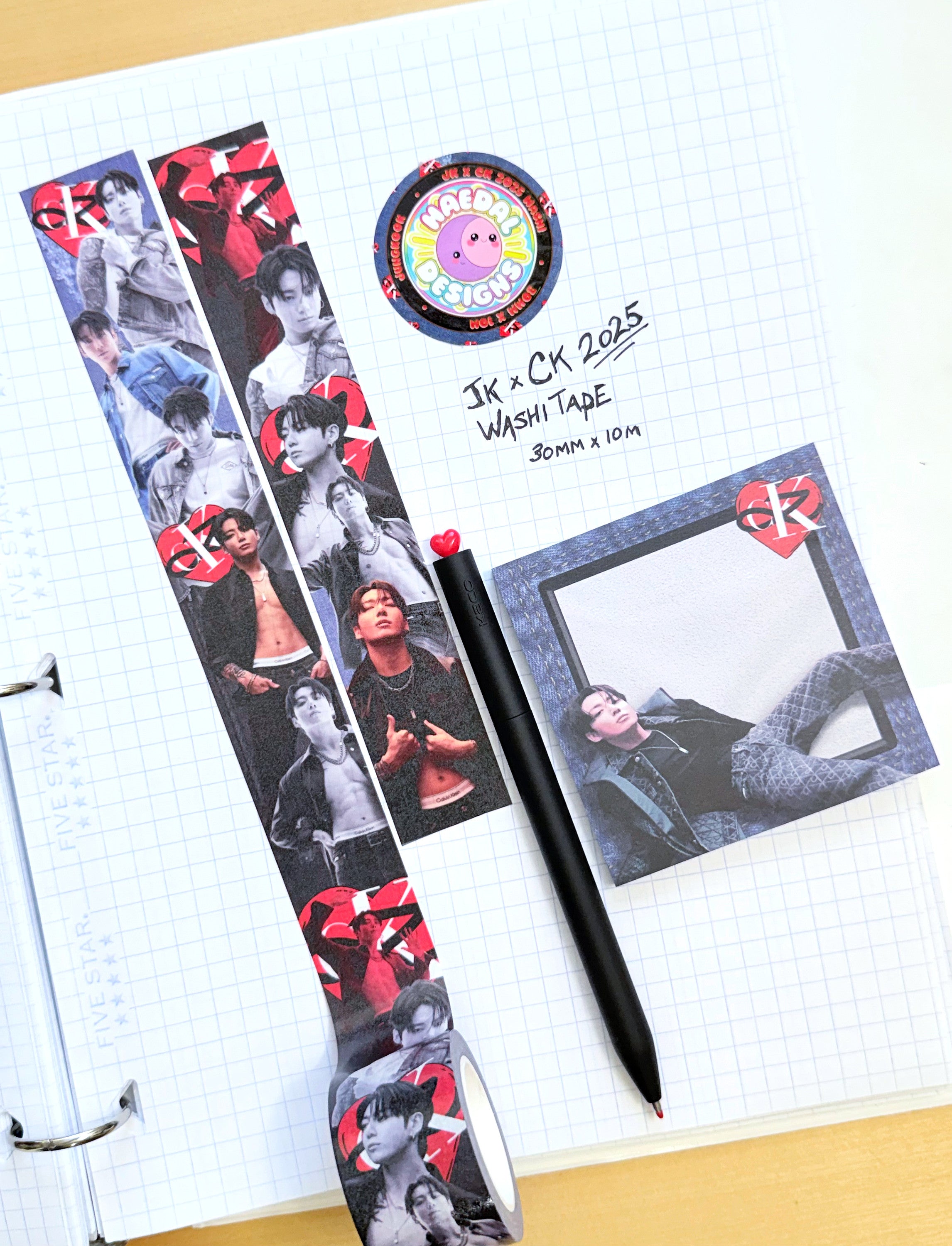 Jungkook JKxCK 2025 washi tape roll featuring blue denim texture and red heart logo — view 5
