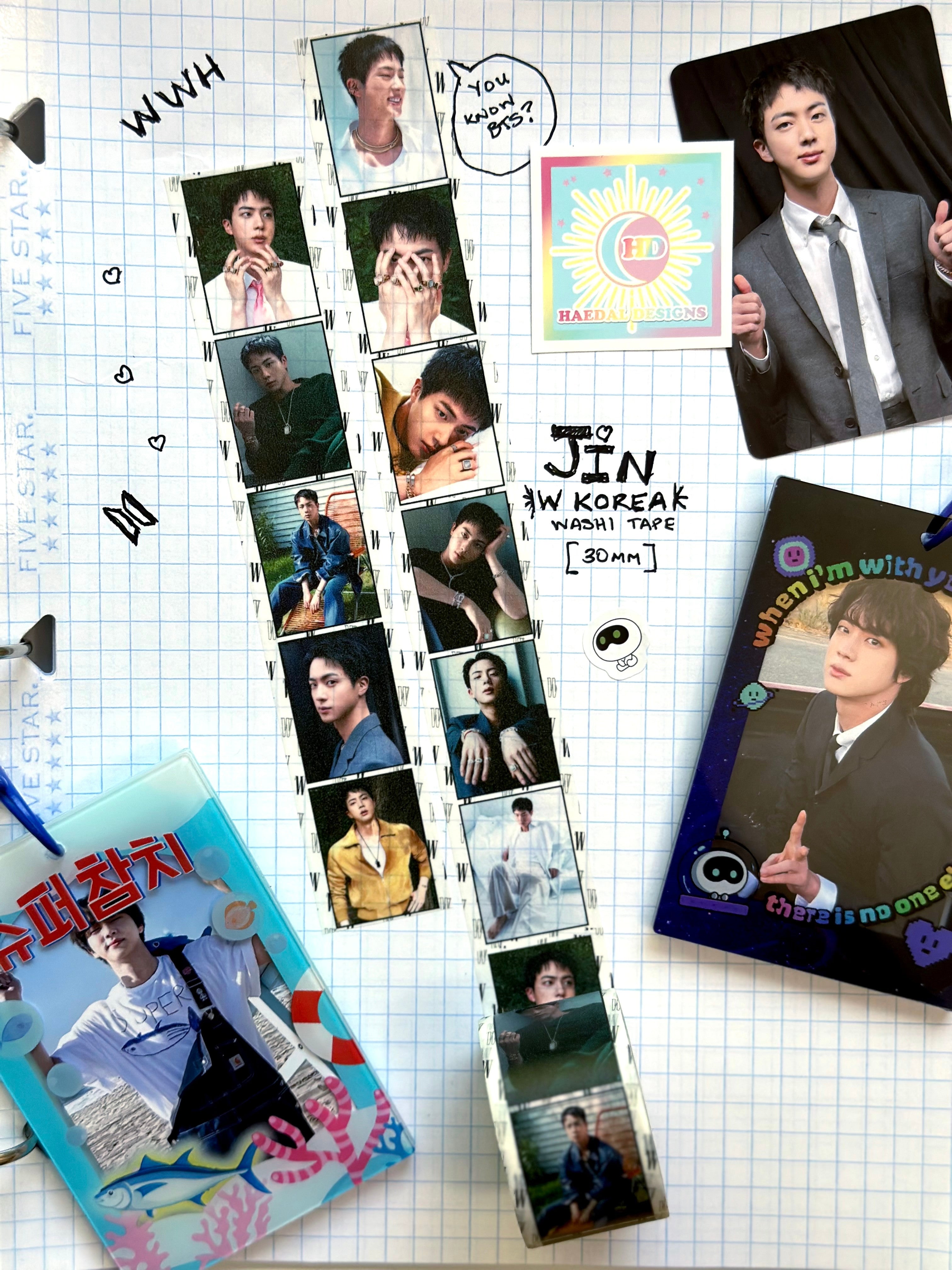 BTS Jin W Korea washi tape roll featuring black and white magazine photos for journaling — view 2