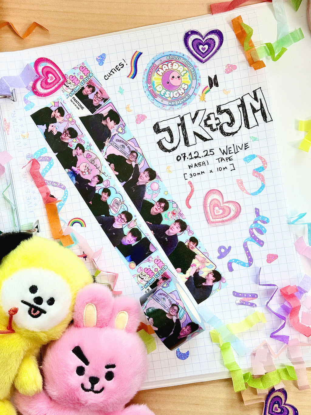 JK and JM 30mm washi tape roll featuring pastel candycore doodles and kawaii aesthetic prints