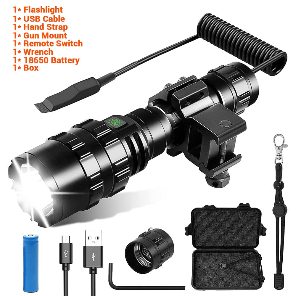 Black 1600 lumen tactical LED flashlight with waterproof casing for outdoor airsoft and survival — view 10