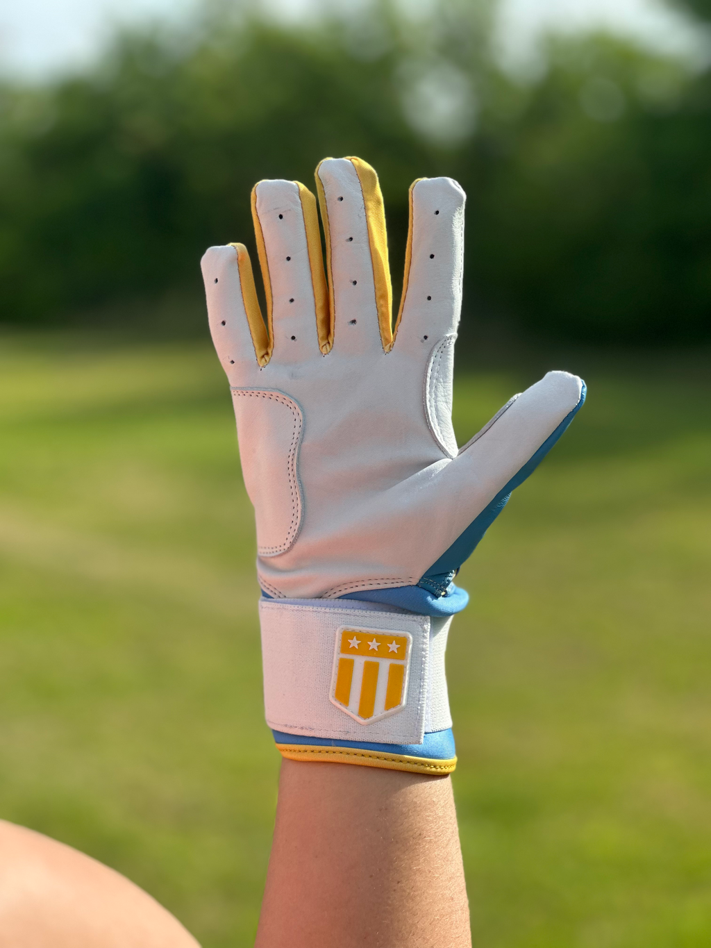 Boston city long cuff batting glove in light blue and white premium leather for baseball players — view 8