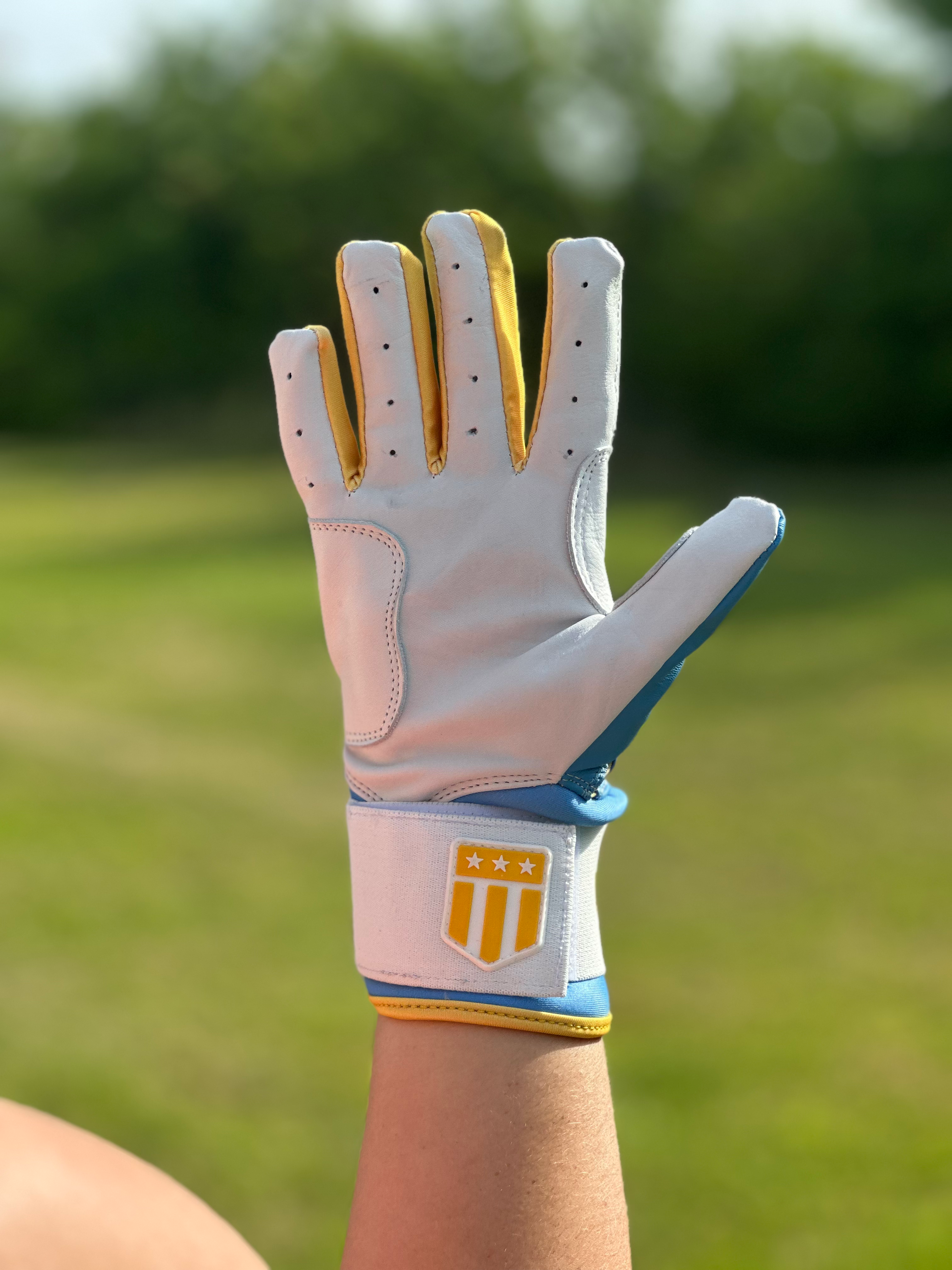 Boston city long cuff batting glove in light blue and white premium leather for baseball players — view 8