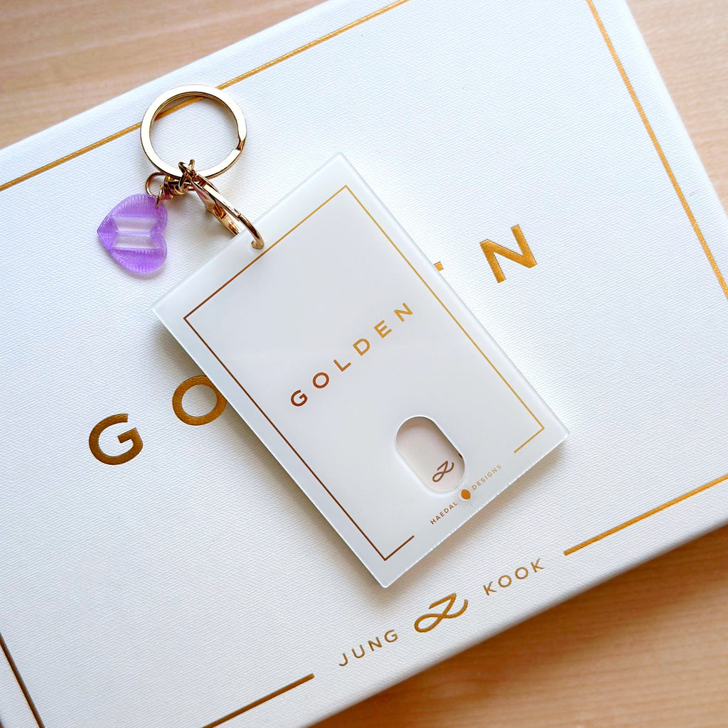 Jungkook Golden acrylic photocard holder keychain with gold ball chain clasp and cute decorative charm — view 13