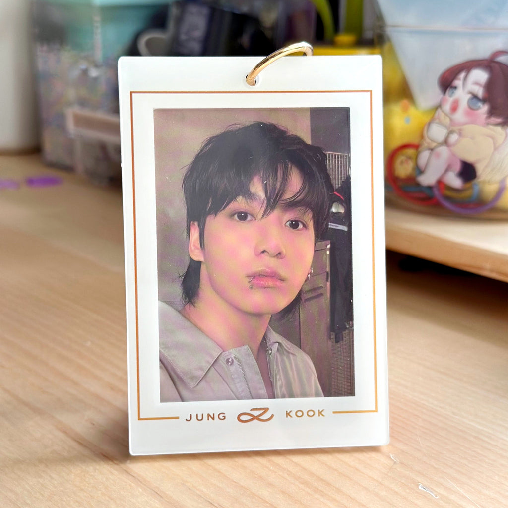Jungkook Golden acrylic photocard holder keychain with gold ball chain clasp and cute decorative charm — view 3