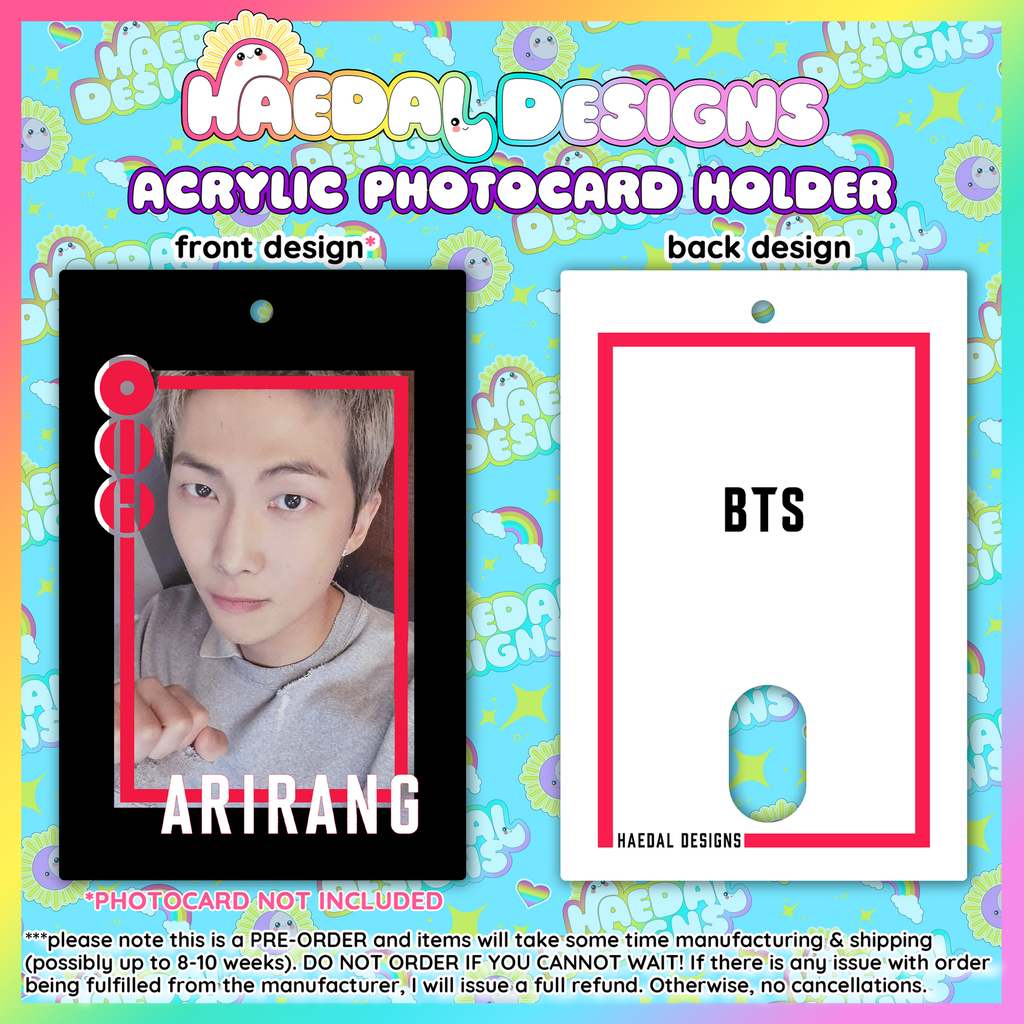 BTS Arirang acrylic photocard holder keychain with bold red frame and minimalist display layout. — view 7