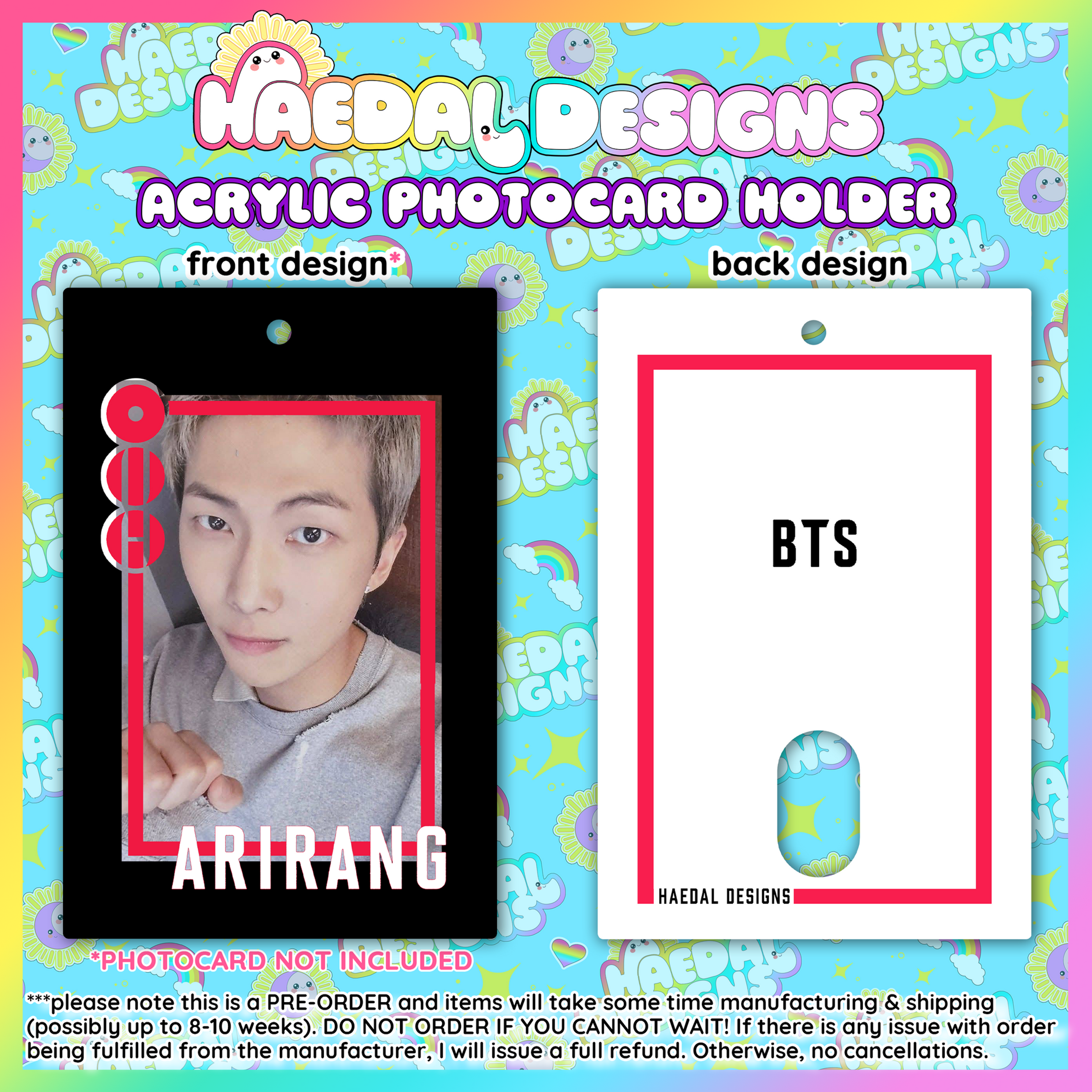 BTS Arirang acrylic photocard holder keychain with bold red frame and minimalist display layout. — view 7