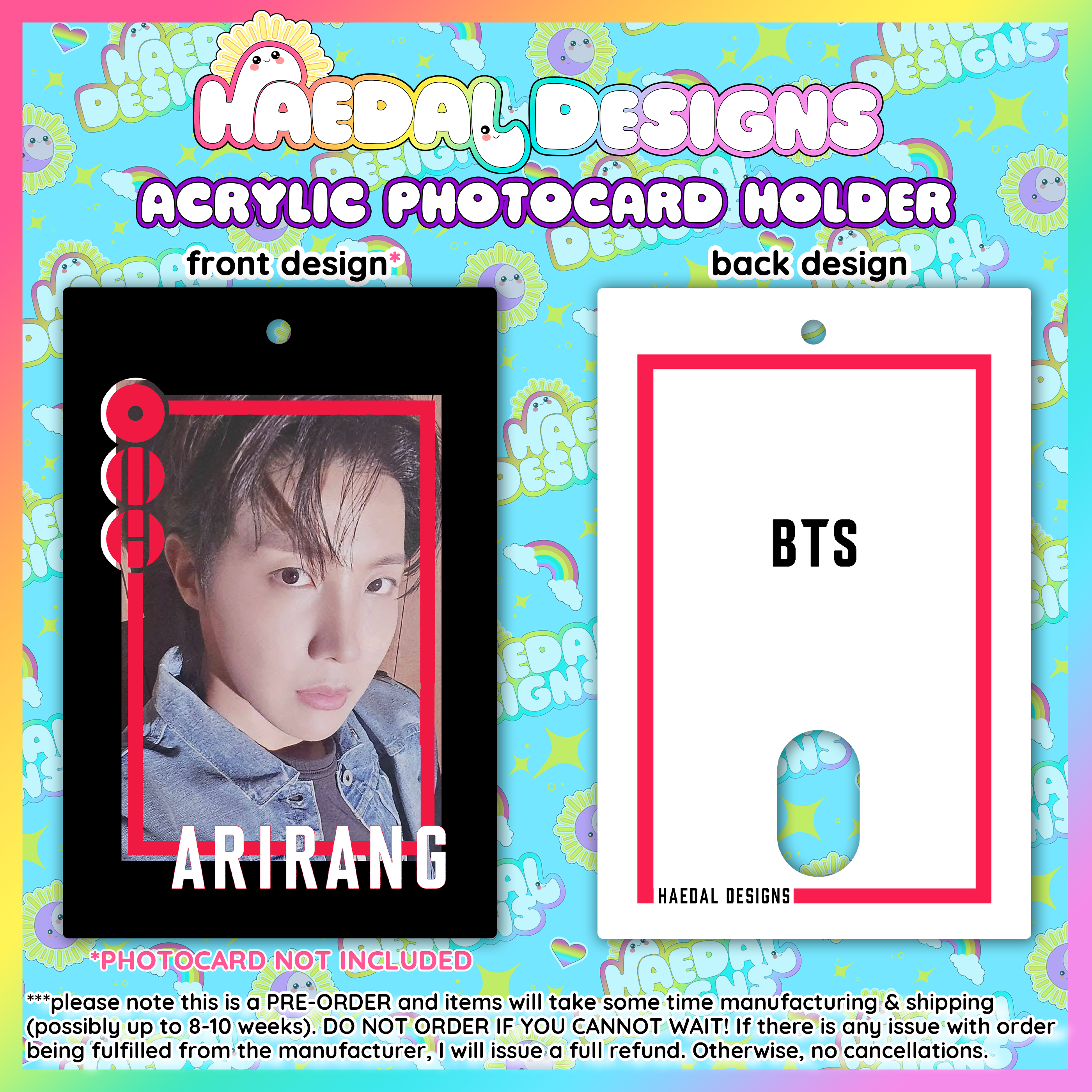 BTS Arirang acrylic photocard holder keychain with bold red frame and minimalist display layout. — view 10