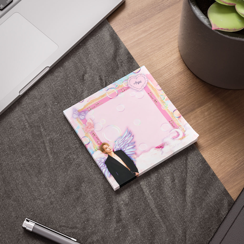 Pastel pink DiorMin Paris sticky notes with gold text borders, butterflies, and bubble clouds — view 3