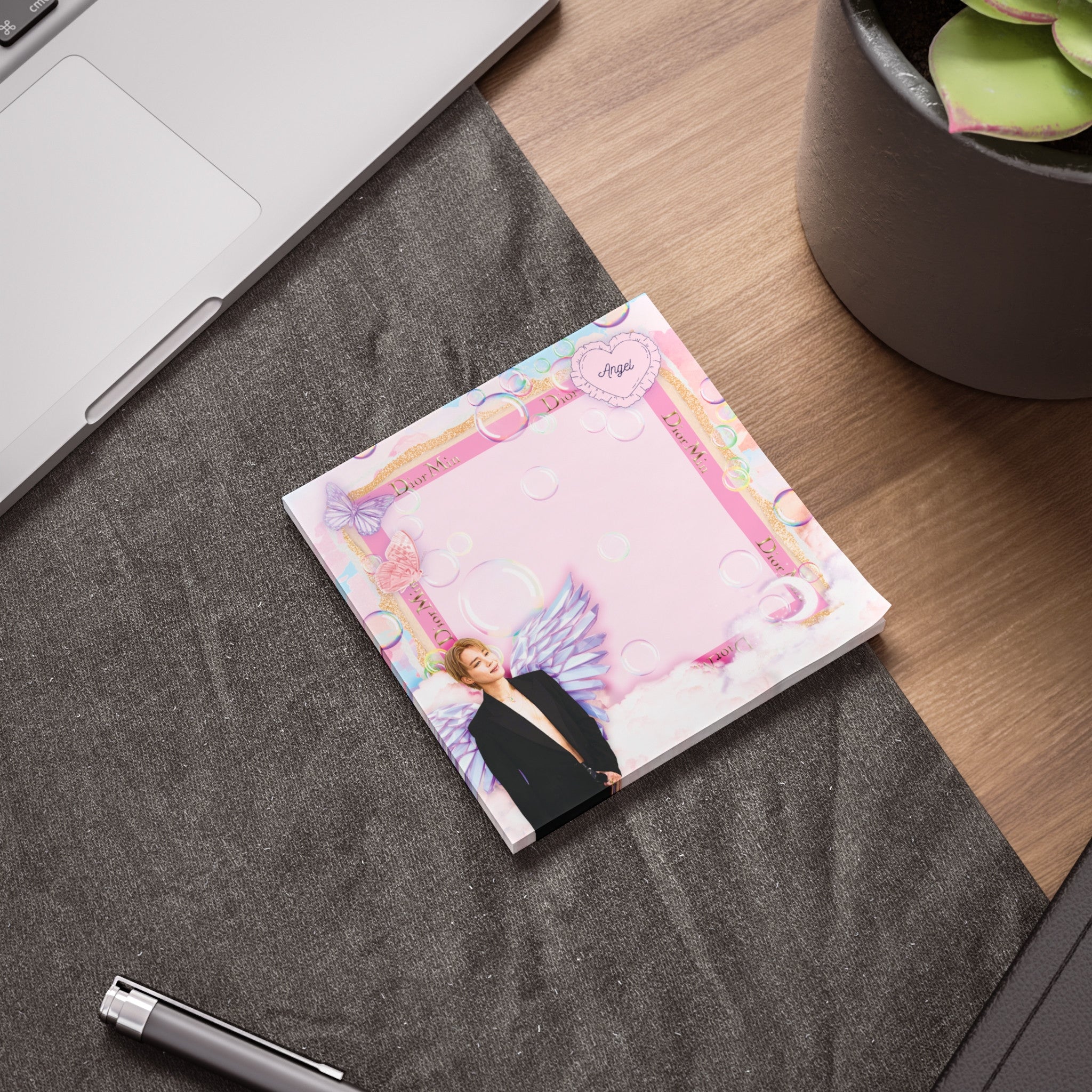 Pastel pink DiorMin Paris sticky notes with gold text borders, butterflies, and bubble clouds — view 3