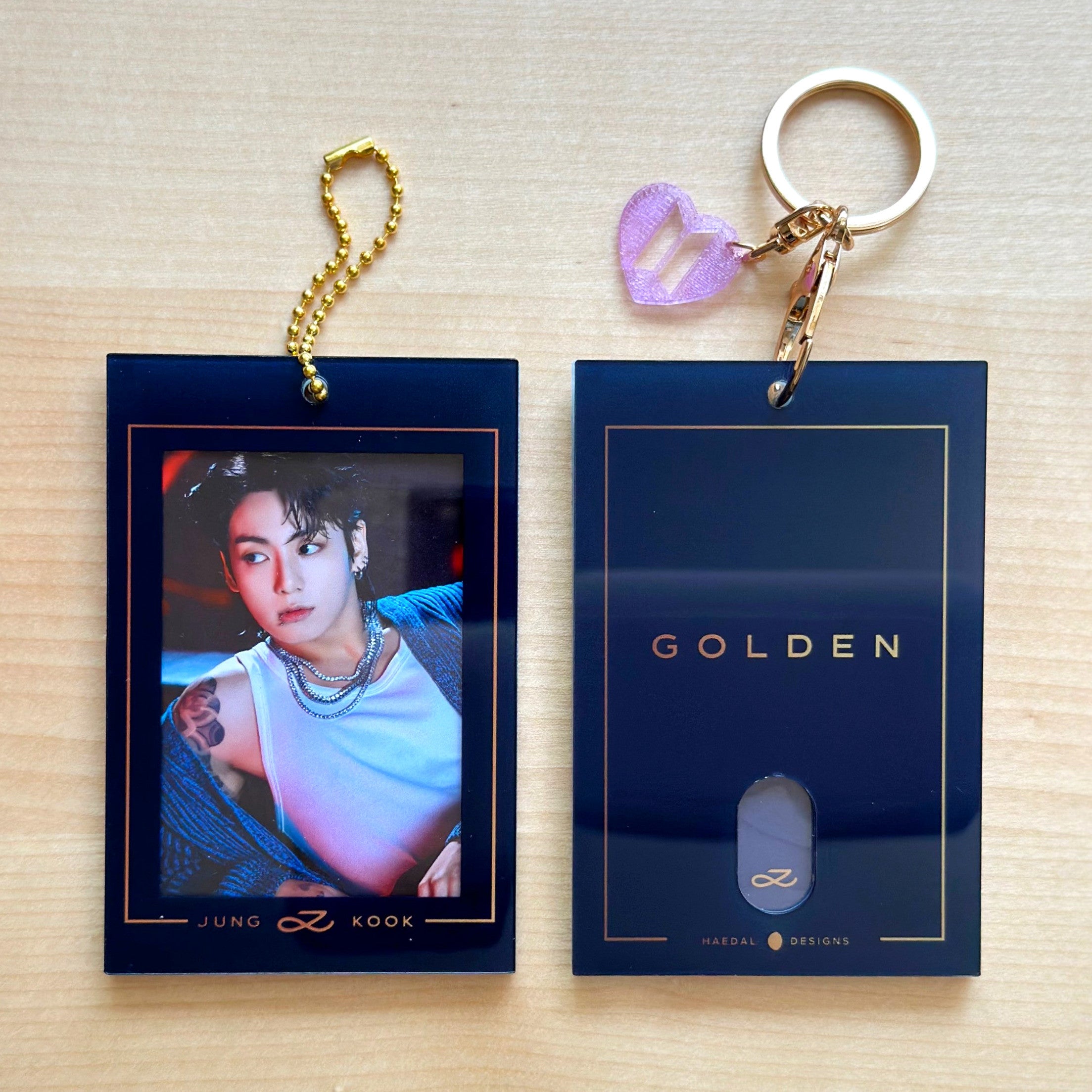 Jungkook Golden acrylic photocard holder keychain with gold ball chain clasp and cute decorative charm — view 8