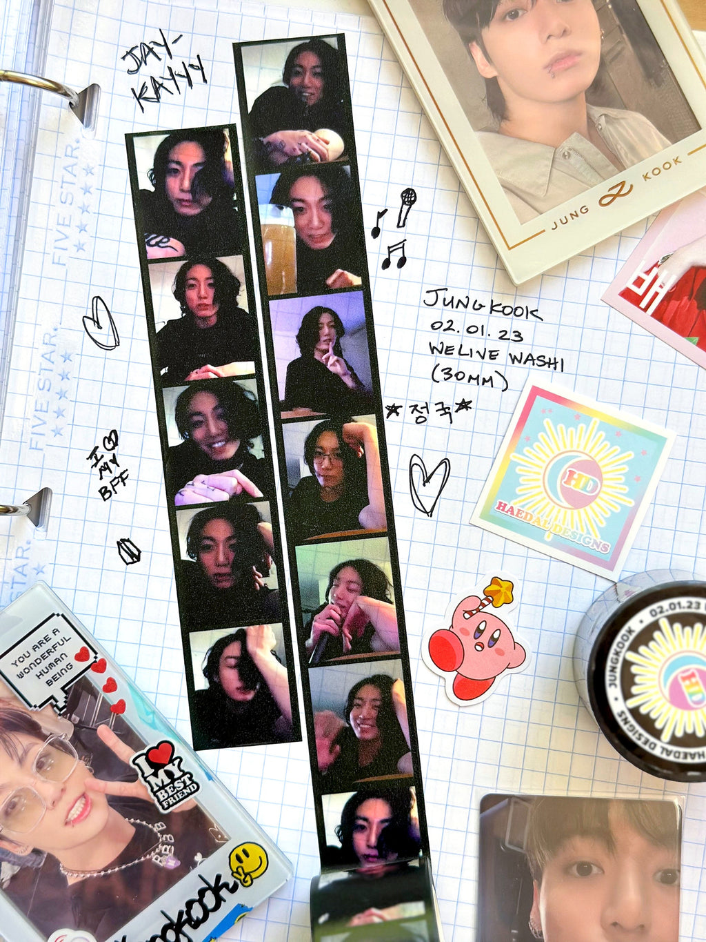 Jungkook WeLive 30mm decorative washi tape roll featuring 11 high-quality printed broadcast images.