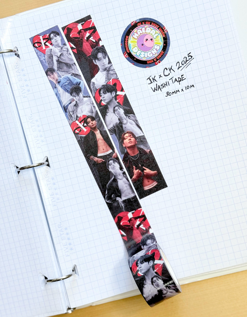 Jungkook JKxCK 2025 washi tape roll featuring blue denim texture and red heart logo — view 4
