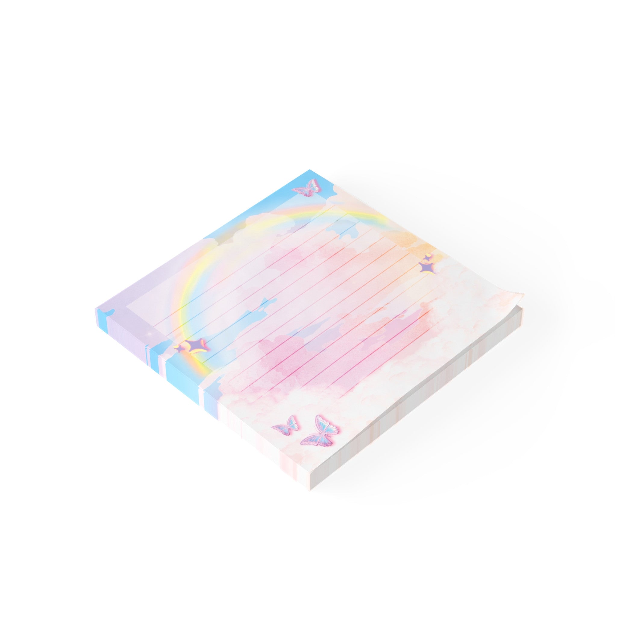 Pastel lined sticky notes pad featuring a kawaii butterfly, rainbow, and fluffy clouds design — view 2