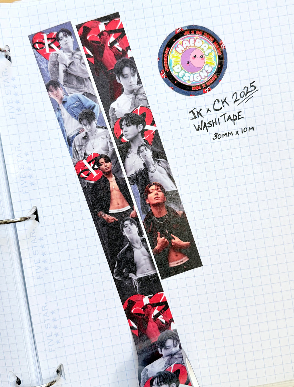 Jungkook JKxCK 2025 washi tape roll featuring blue denim texture and red heart logo — view 3