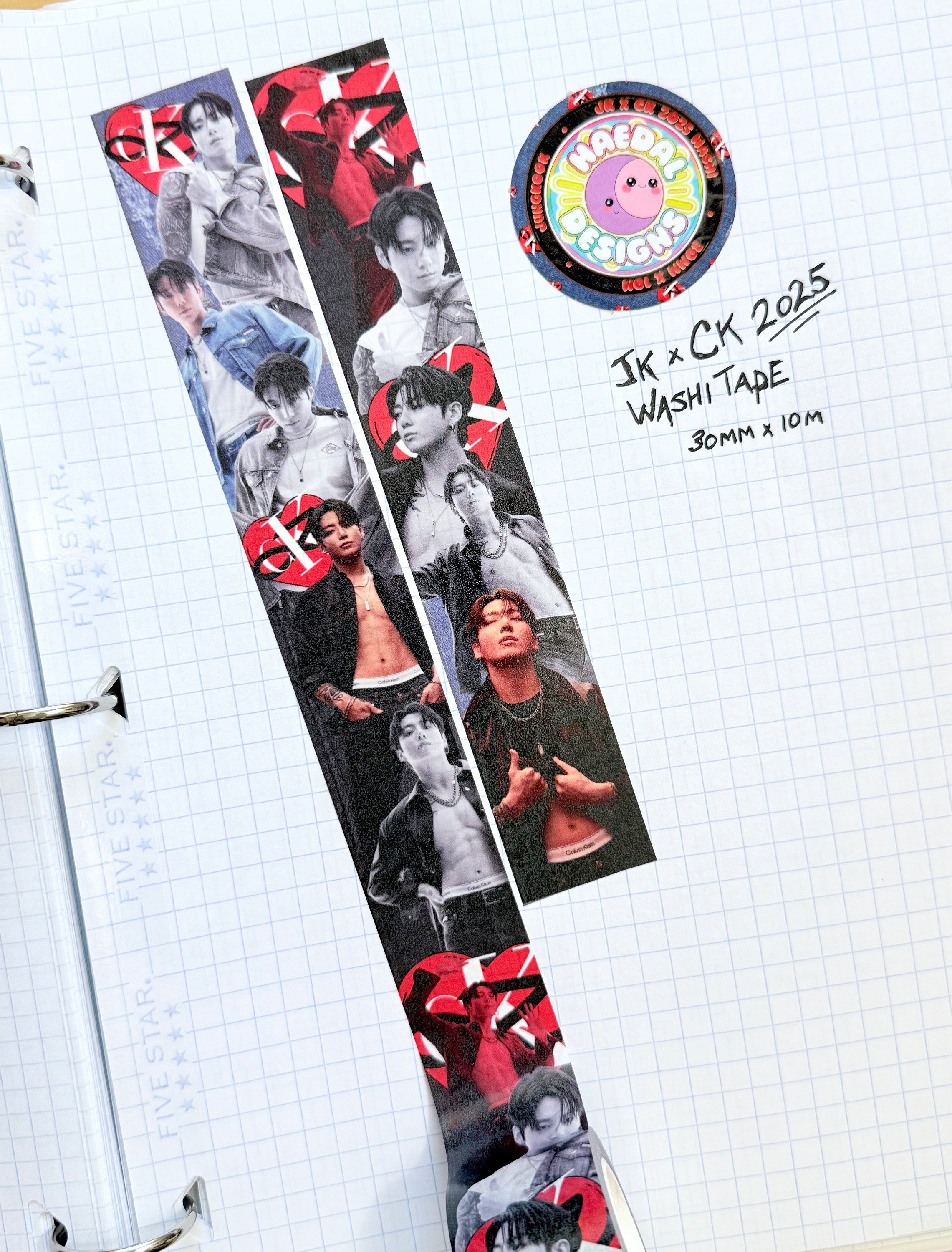Jungkook JKxCK 2025 washi tape roll featuring blue denim texture and red heart logo — view 3