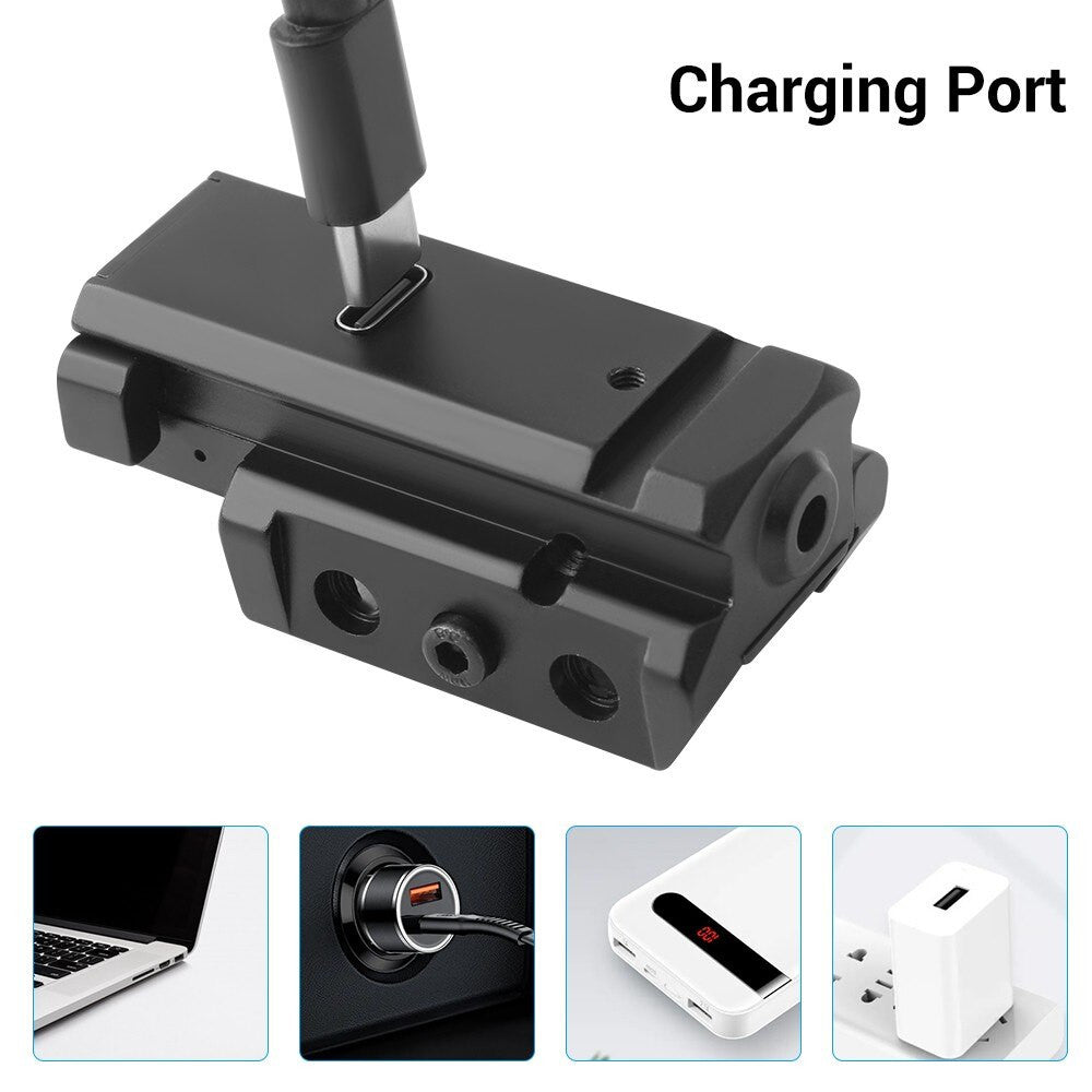Tactical USB rechargeable airsoft pistol laser sight in black emitting a bright targeting beam — view 4