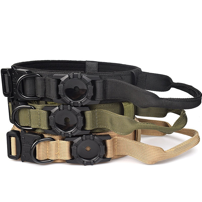 Tactical AirTag dog collar in solid color nylon with quick release buckle and tracker holder — view 2