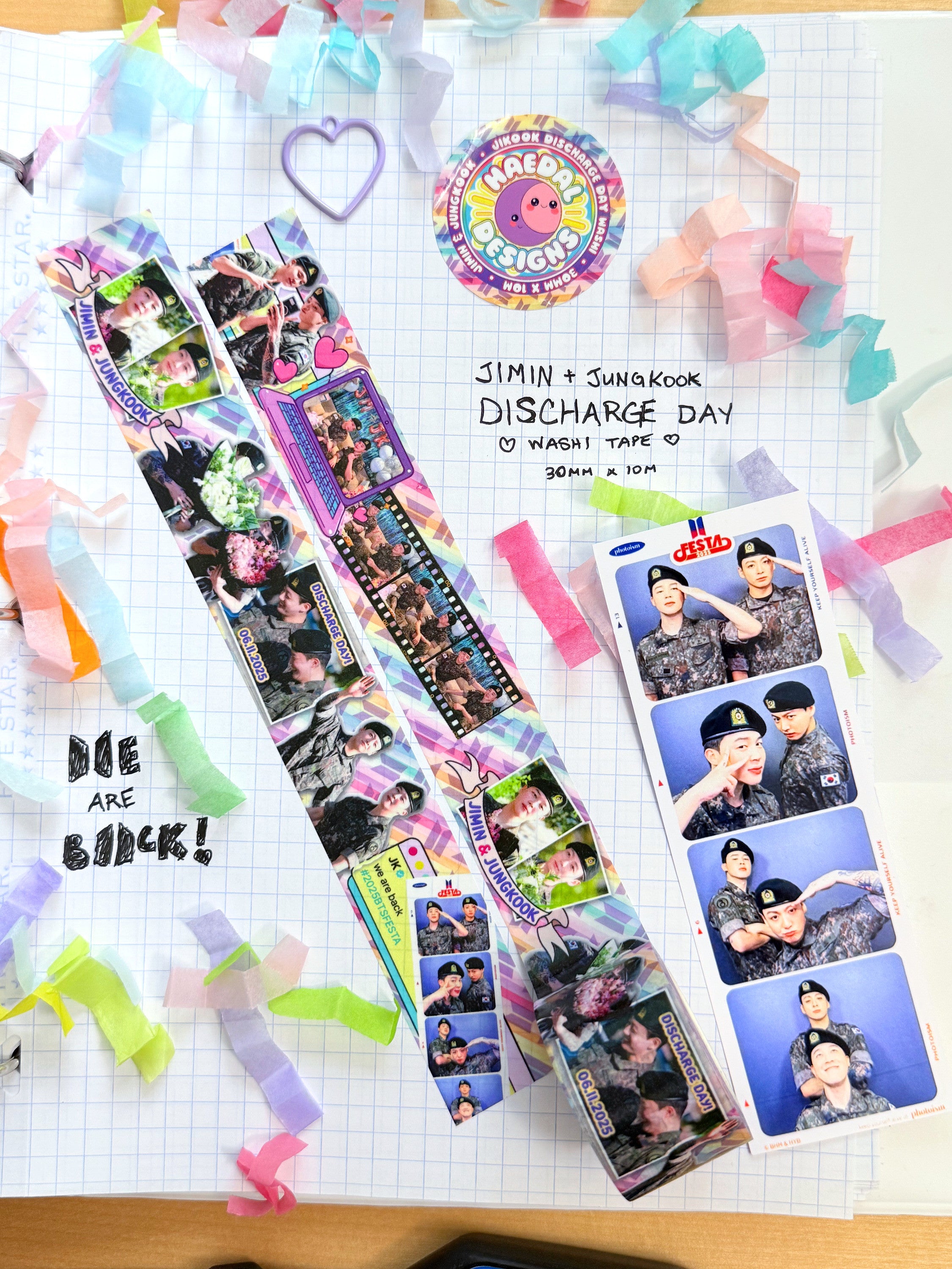 Jimin and Jungkook discharge day washi tape roll featuring printed snapshot designs for scrapbooking — view 6