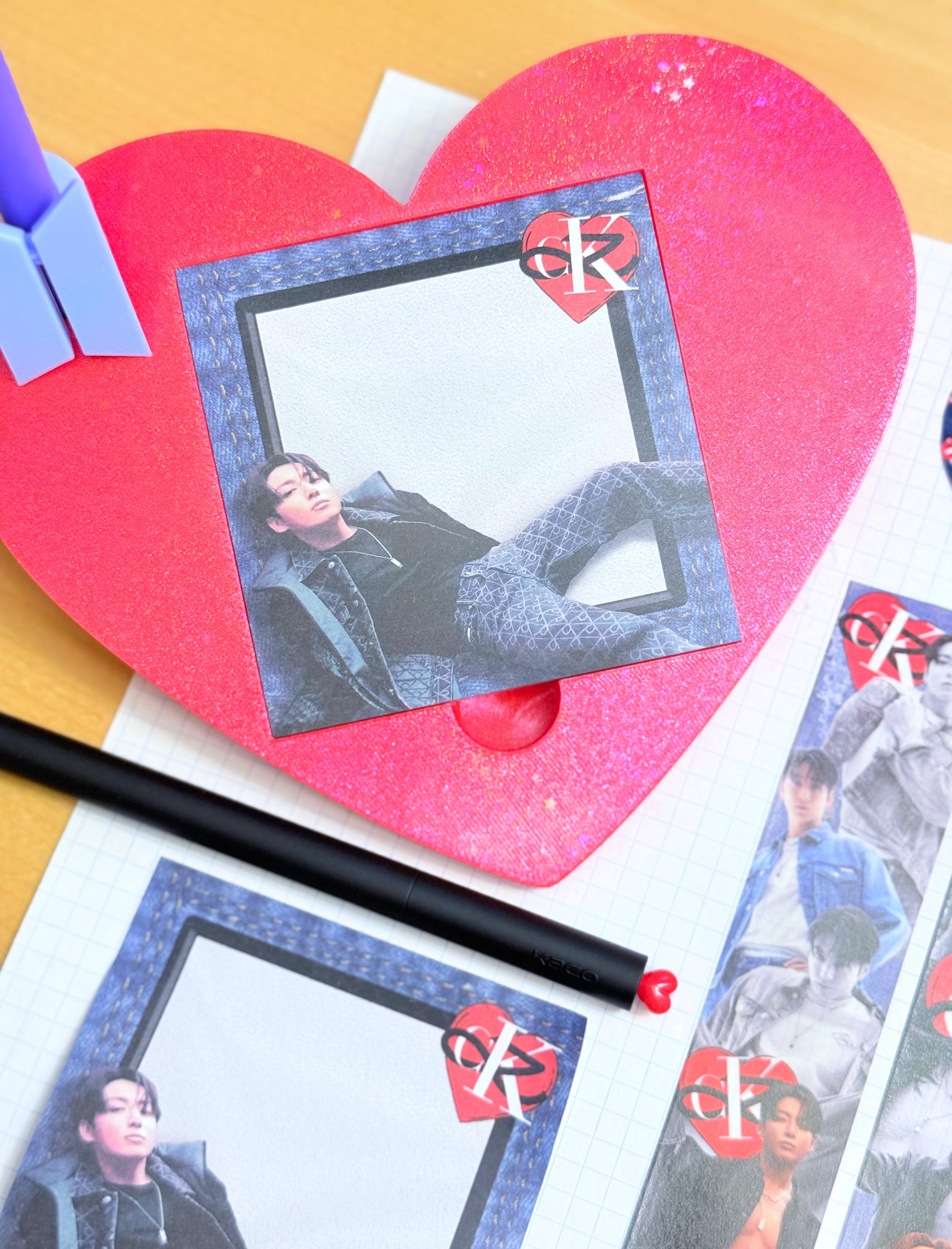 JK x CK adhesive sticky notes with denim texture and heart motif, square notepad stationery pad — view 6