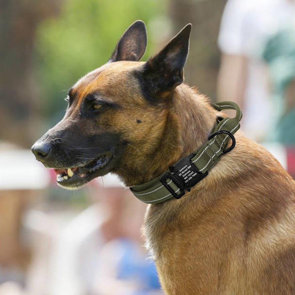 Personalized military tactical dog collar made of durable padded nylon with a quick control handle — view 5