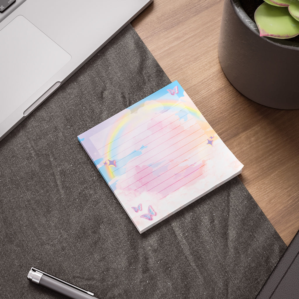 Pastel lined sticky notes pad featuring a kawaii butterfly, rainbow, and fluffy clouds design — view 3