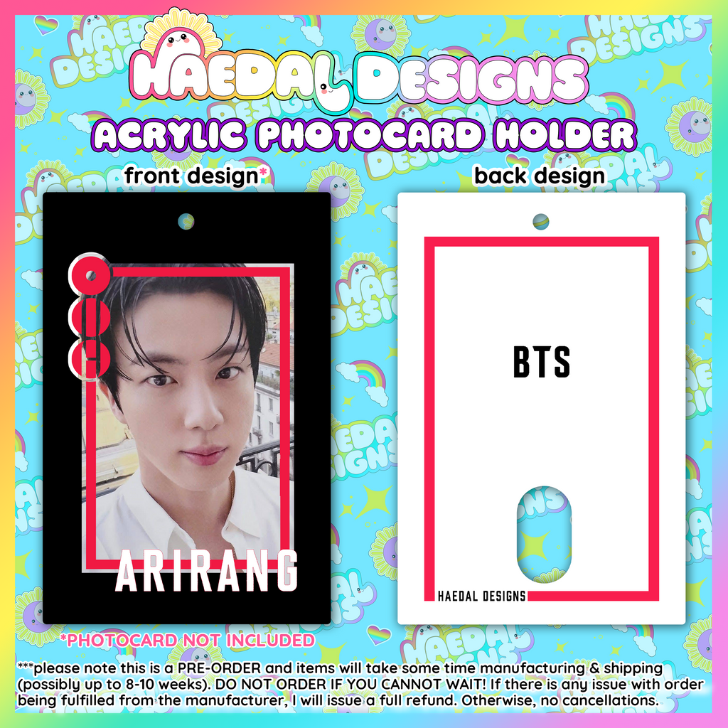 BTS Arirang acrylic photocard holder keychain with bold red frame and minimalist display layout. — view 8