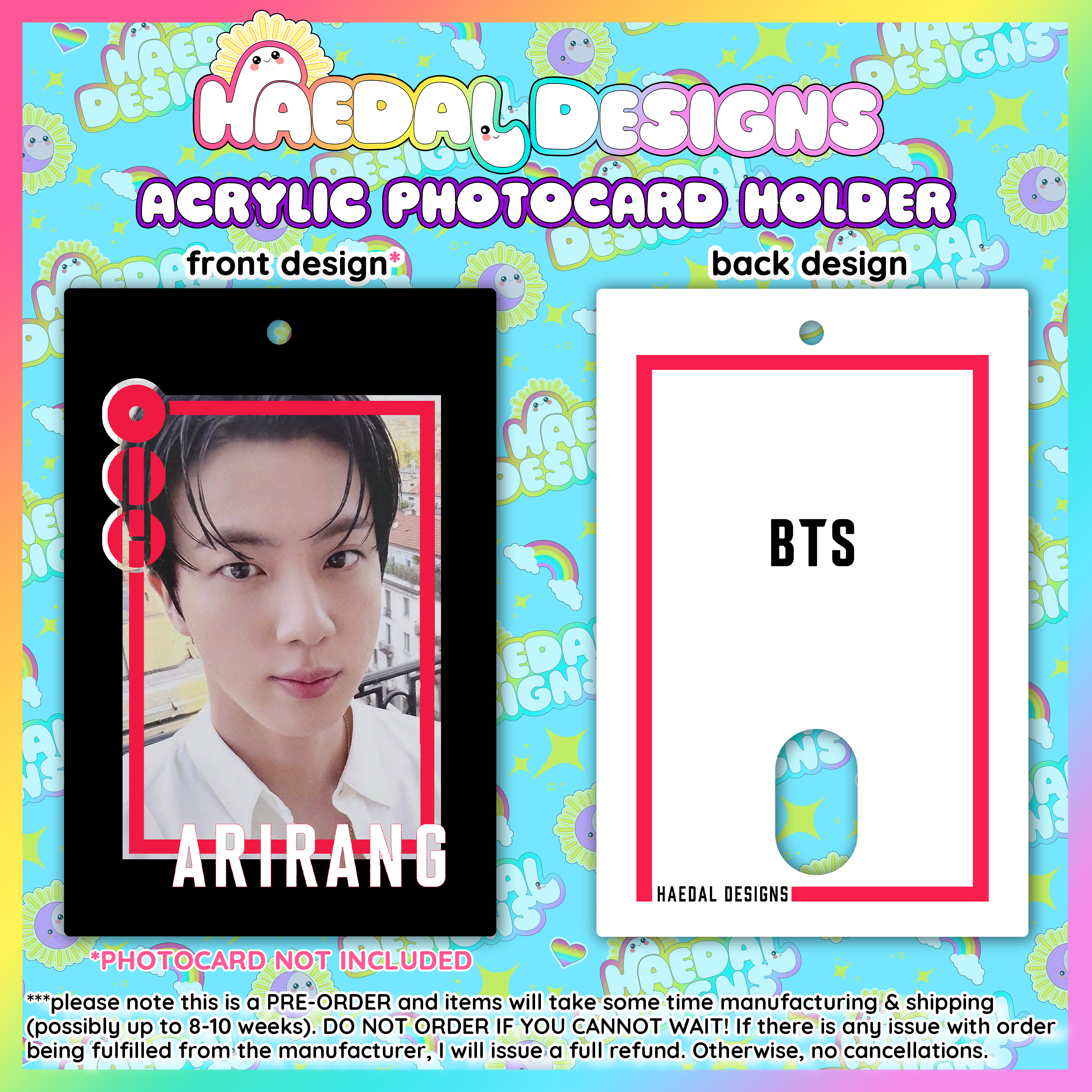 BTS Arirang acrylic photocard holder keychain with bold red frame and minimalist display layout. — view 8