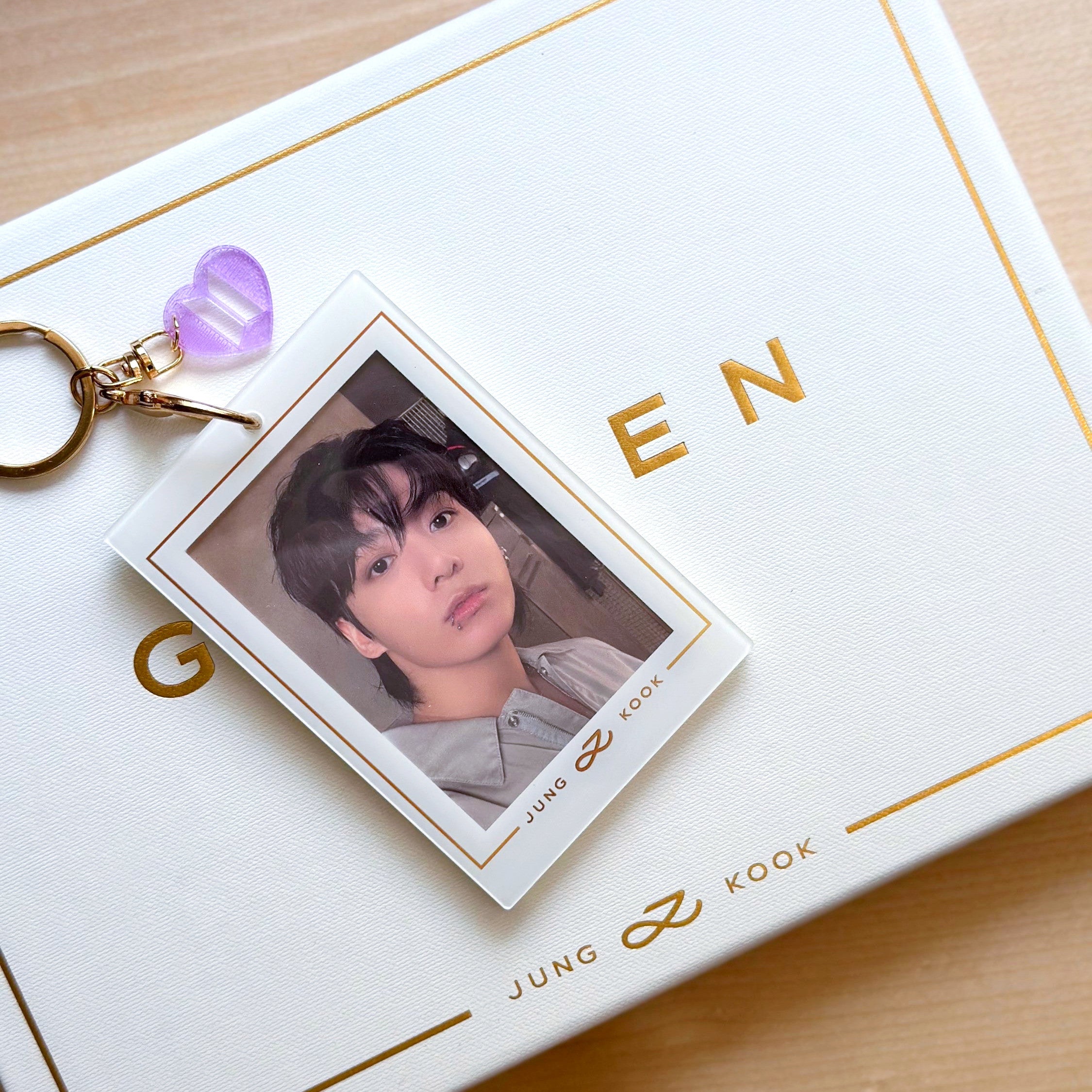 Jungkook Golden acrylic photocard holder keychain with gold ball chain clasp and cute decorative charm — view 12